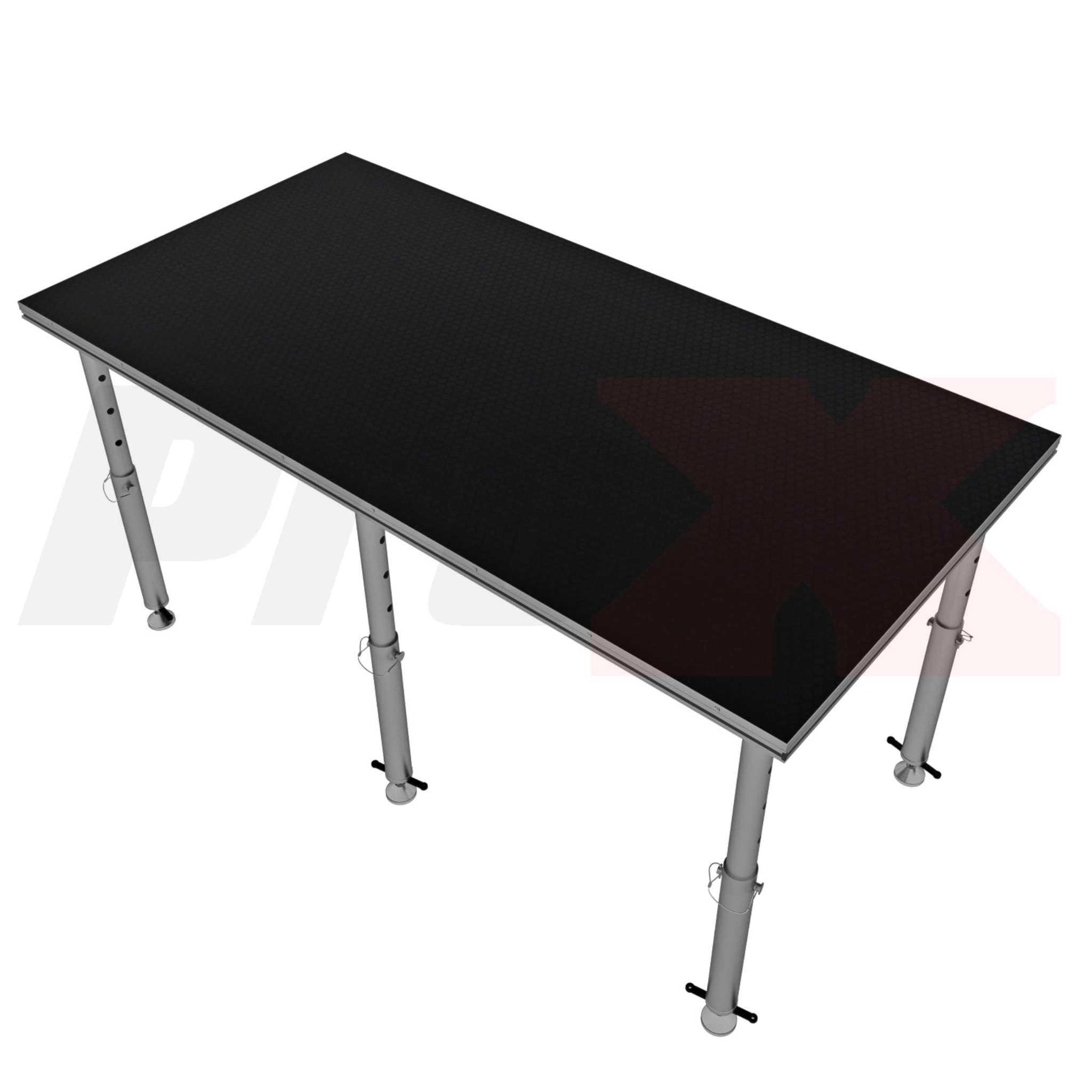 ProX StageQ modular portable stage platform with adjustable support legs and textured black deck surface for event staging rentals