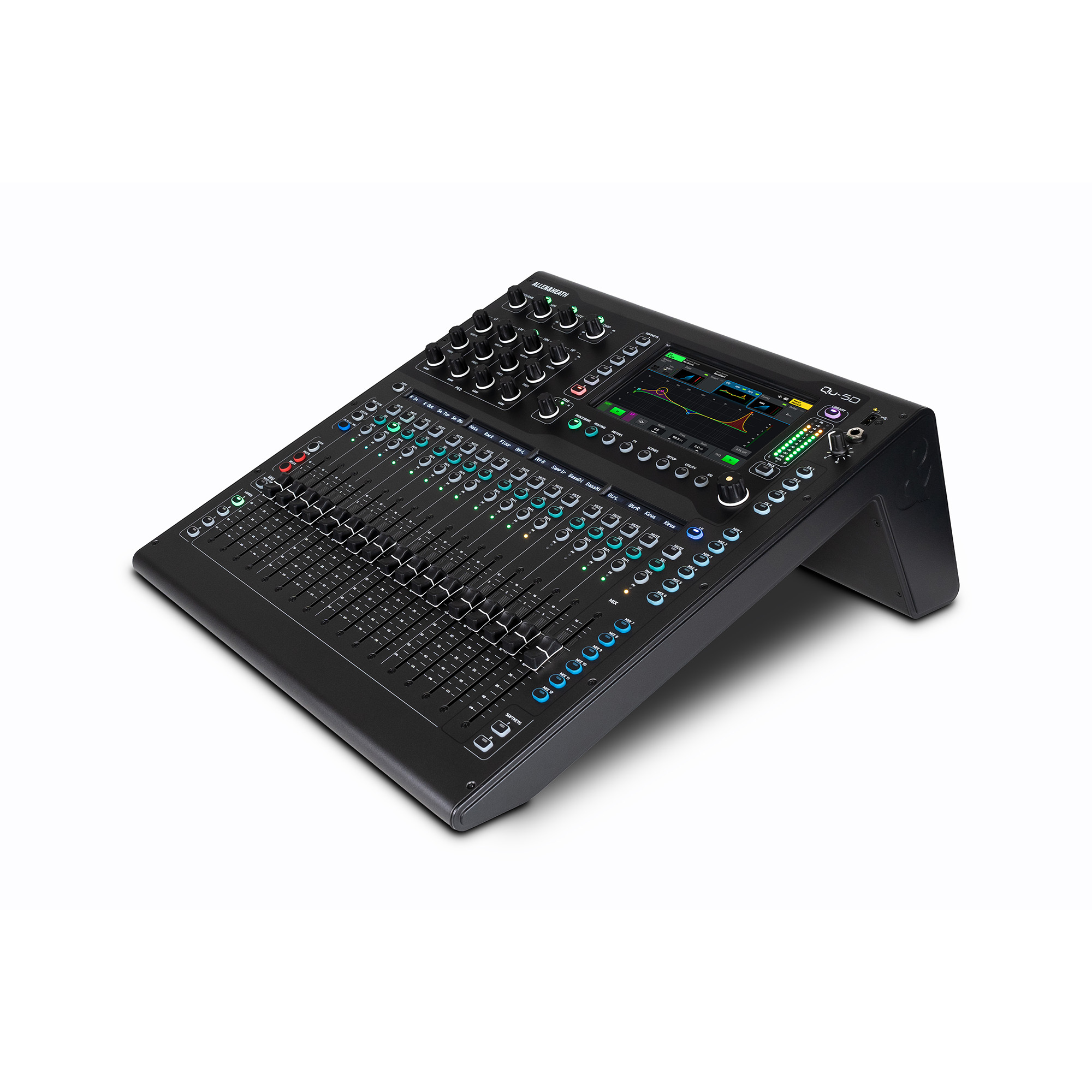 Allen & Heath Qu-5 and Qu-5D professional digital mixing consoles with motorized faders and touchscreen