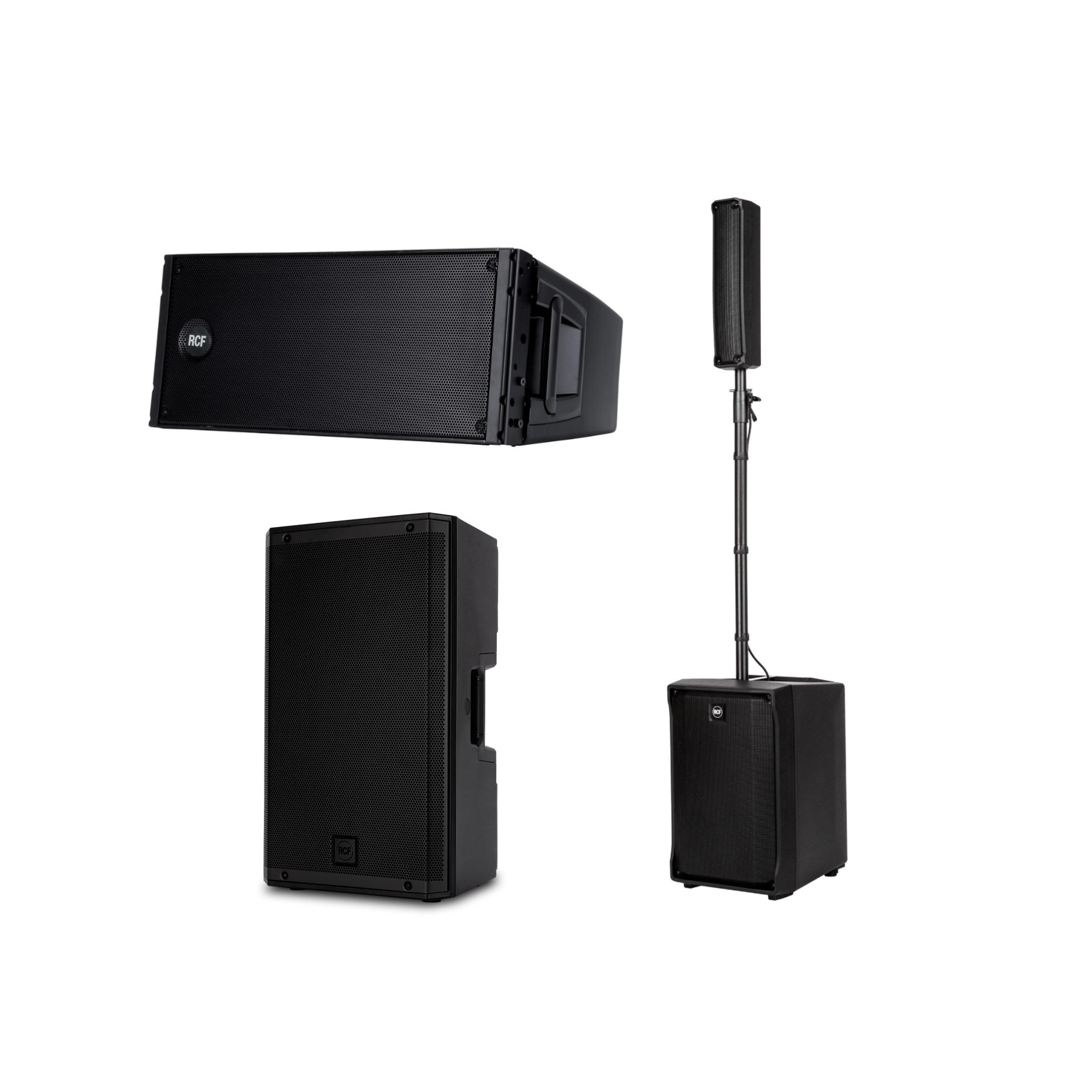 RCF line array loudspeaker, powered speaker, and EVOX portable column PA system on a white background, representing open-box, factory B-stock, and used professional audio equipment from Haye Productions.