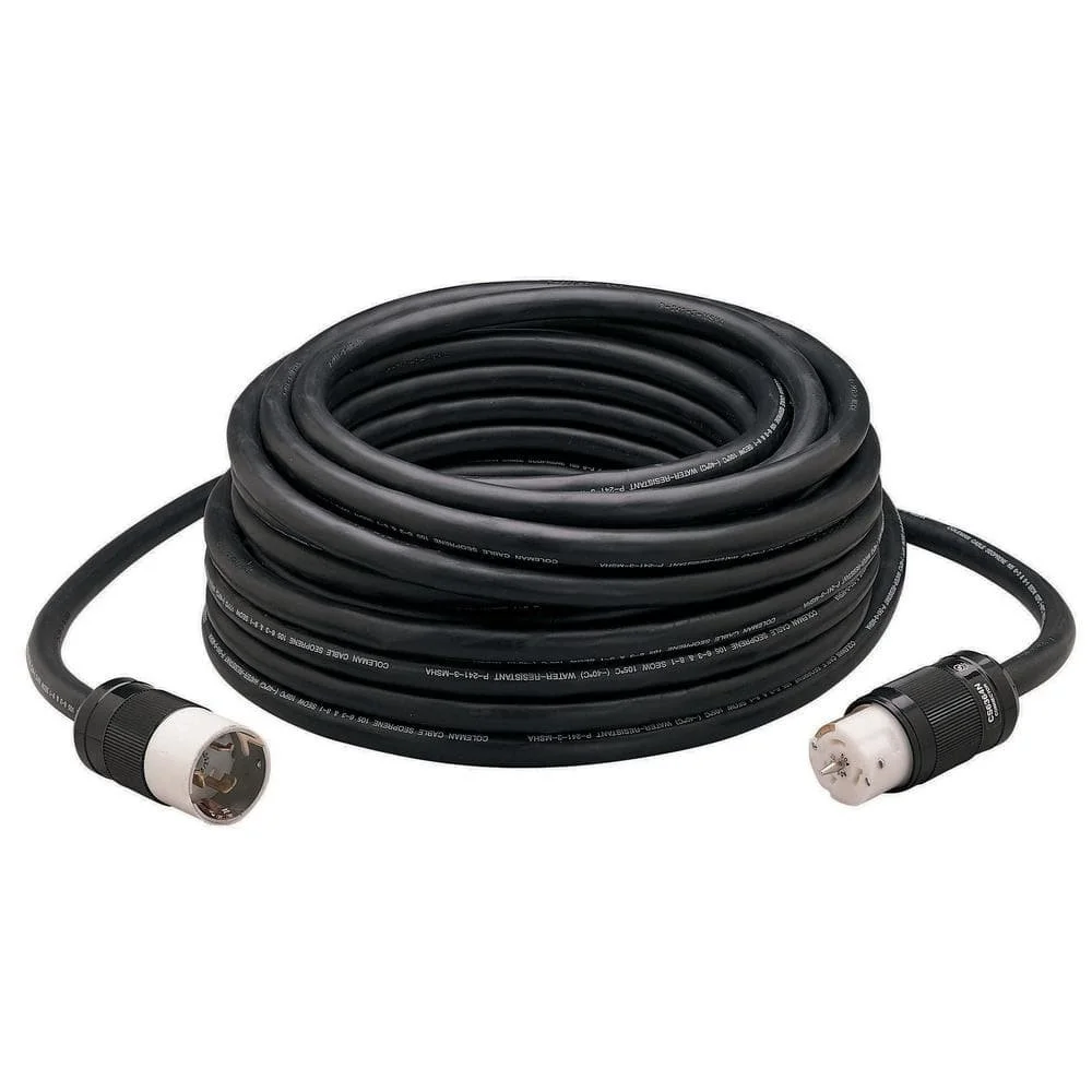 Southwire 19380008 50-foot 50A California-style twist-lock extension cable with heavy-duty black SEOW jacket and Hubbell connectors, available as an optional rental accessory