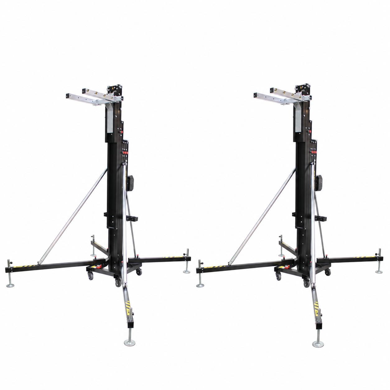 Pair of Fantek XTF-FT6033 19.5FT heavy-duty front-loading line-array lifting towers with 728 lb capacity per tower, available for professional audio and stage equipment rental from Haye Productions.