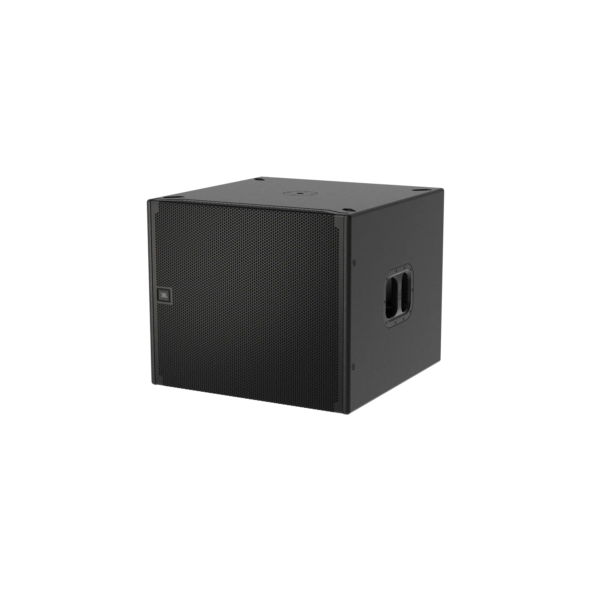 JBL SRX918S single 18-inch powered subwoofer with Differential Drive®, 1,100W Class‑D power, deep low‑frequency output, and full DSP control for pro audio systems. JBL SRX 918S face left.png