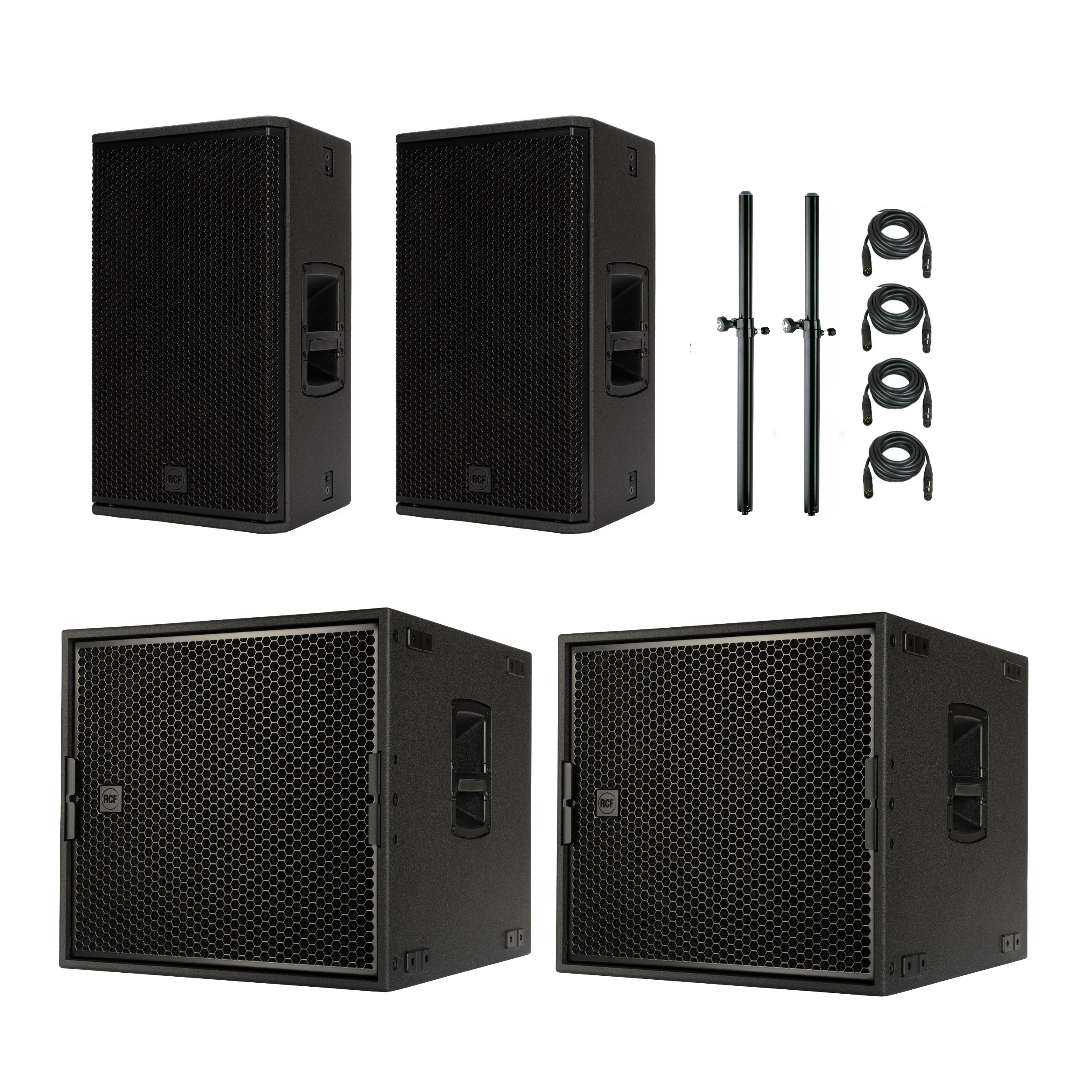 RCF KX 32-A premium PA rental system featuring two KX 32-A powered speakers and two SUB 9016-AS subwoofers. Professional sound system rental from Haye Productions.