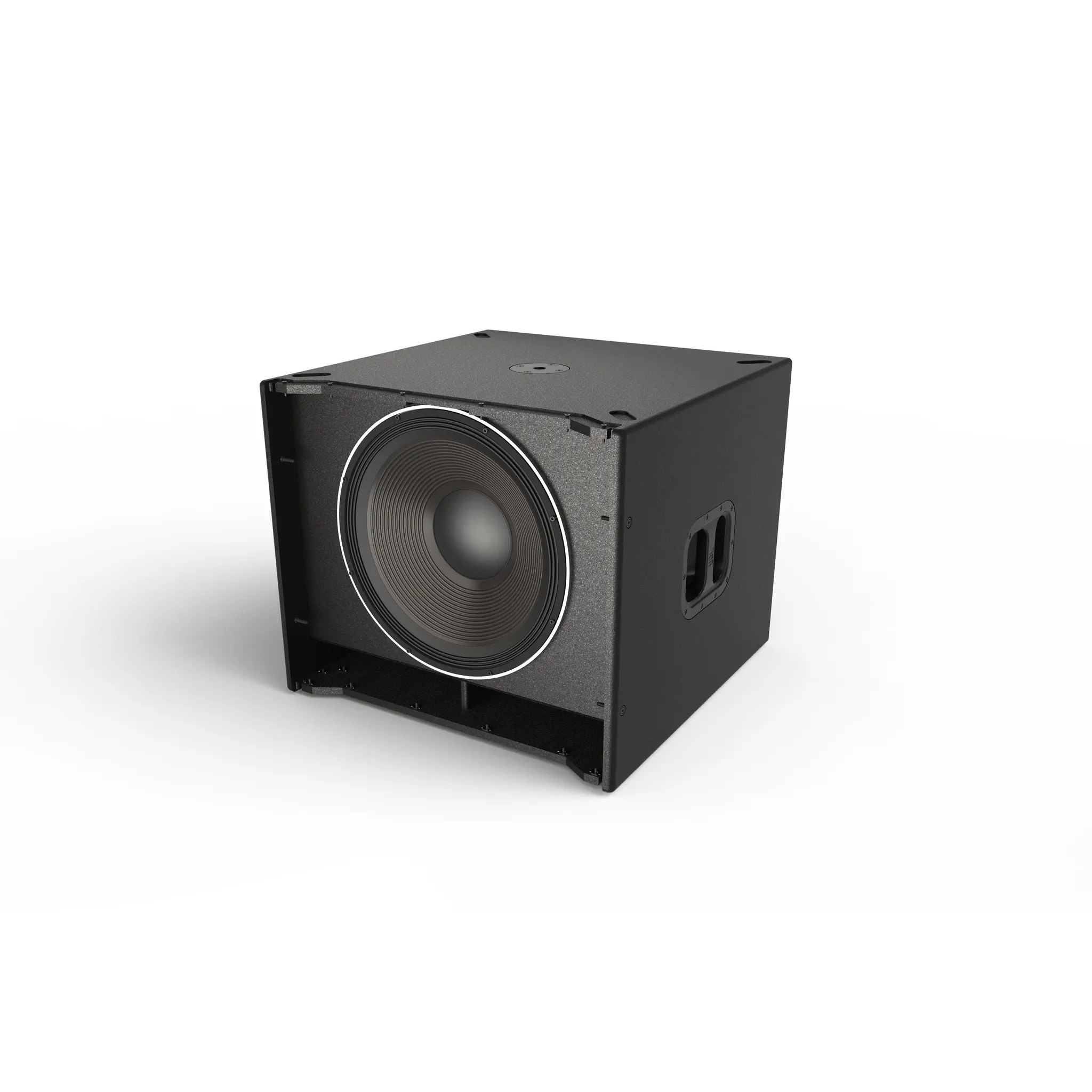 JBL SRX918S single 18-inch powered subwoofer with Differential Drive®, 1,100W Class‑D power, deep low‑frequency output, and full DSP control for pro audio systems. JBL SRX 918S face left open.png