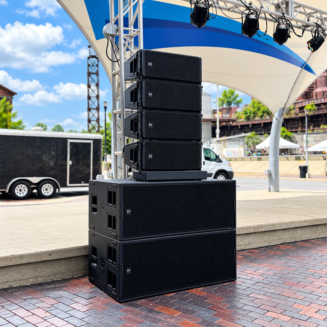 Haye Productions RCF line array loudspeaker and subwoofer system deployed at an outdoor live event in Bethlehem Pennsylvania