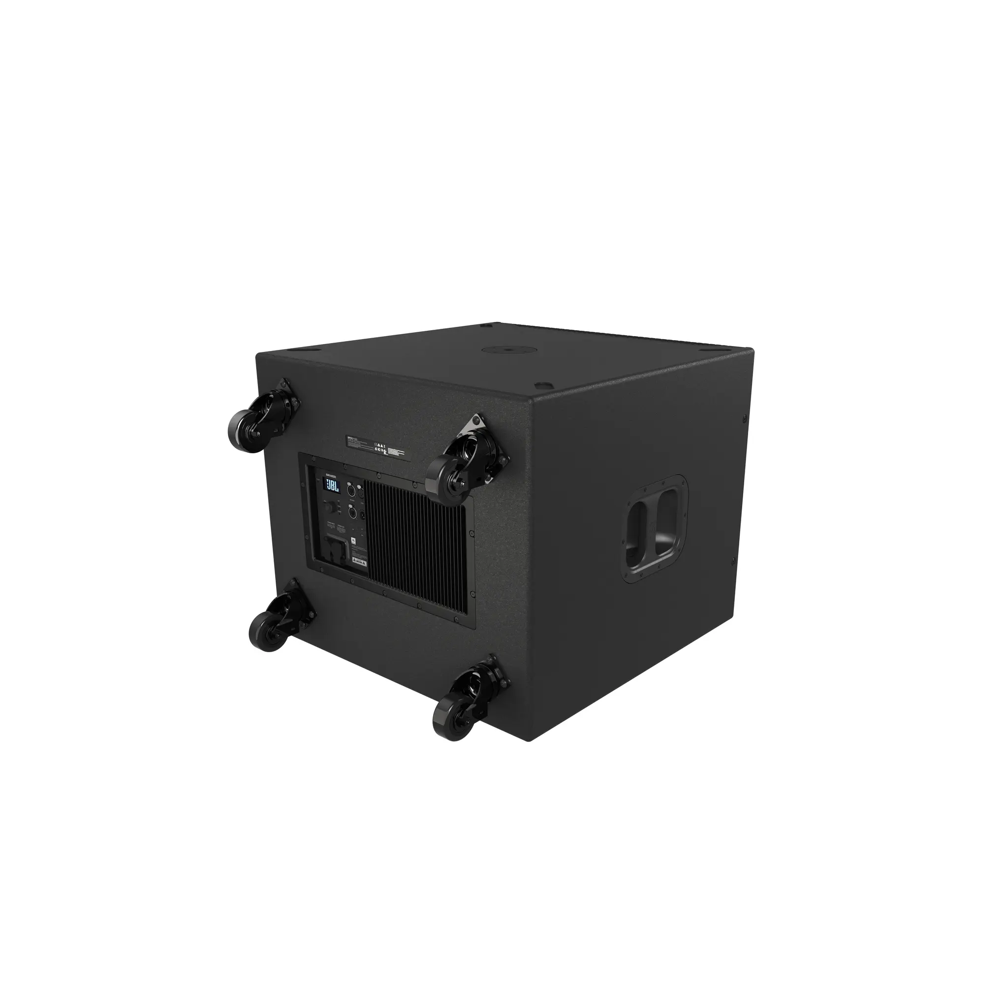 JBL SRX918S single 18-inch powered subwoofer with Differential Drive®, 1,100W Class‑D power, deep low‑frequency output, and full DSP control for pro audio systems. JBL SRX 918S back right wheels.png