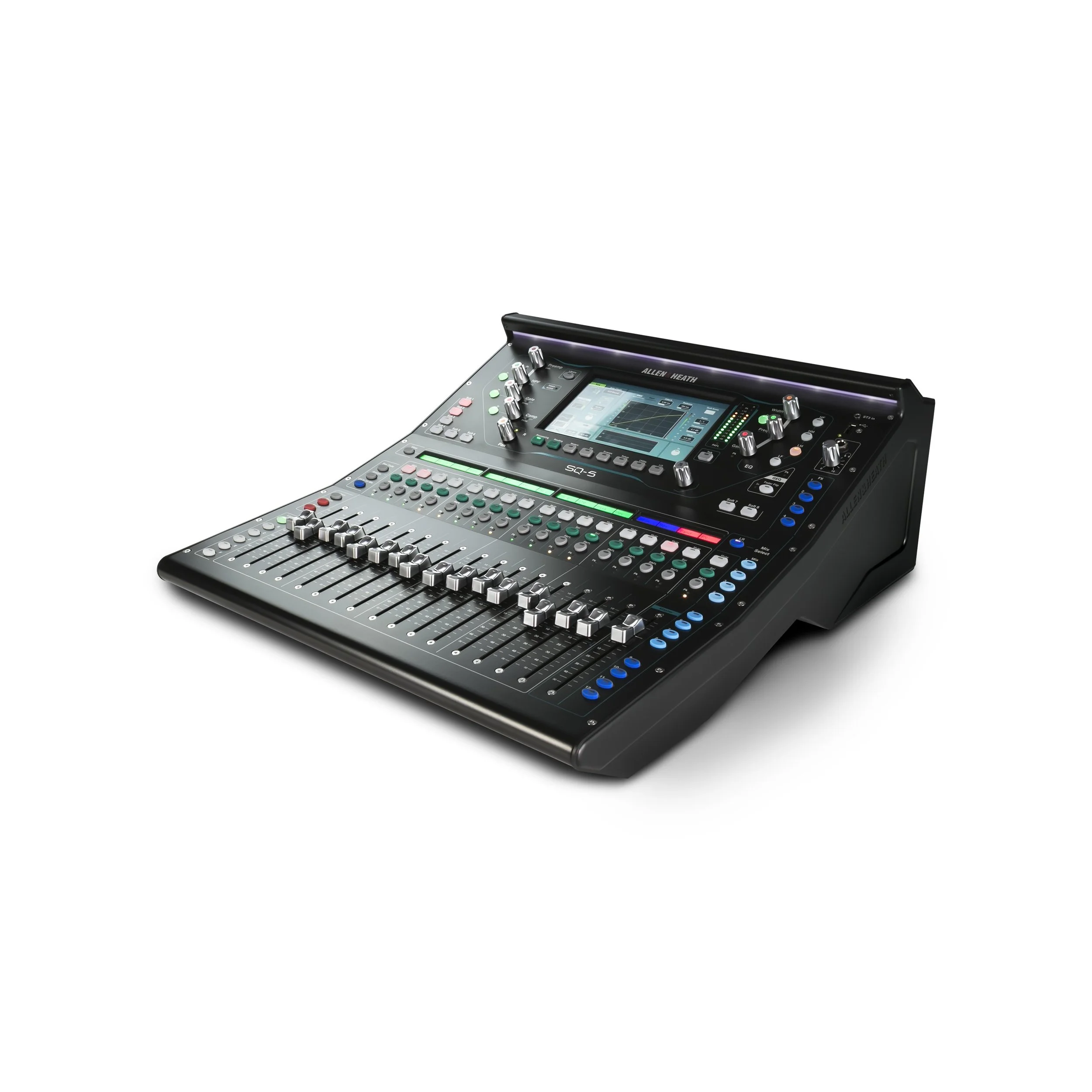 Allen & Heath SQ-5 professional digital mixing console with motorized faders and touchscreen, available for audio equipment rental from Haye Productions in Phillipsburg, NJ.