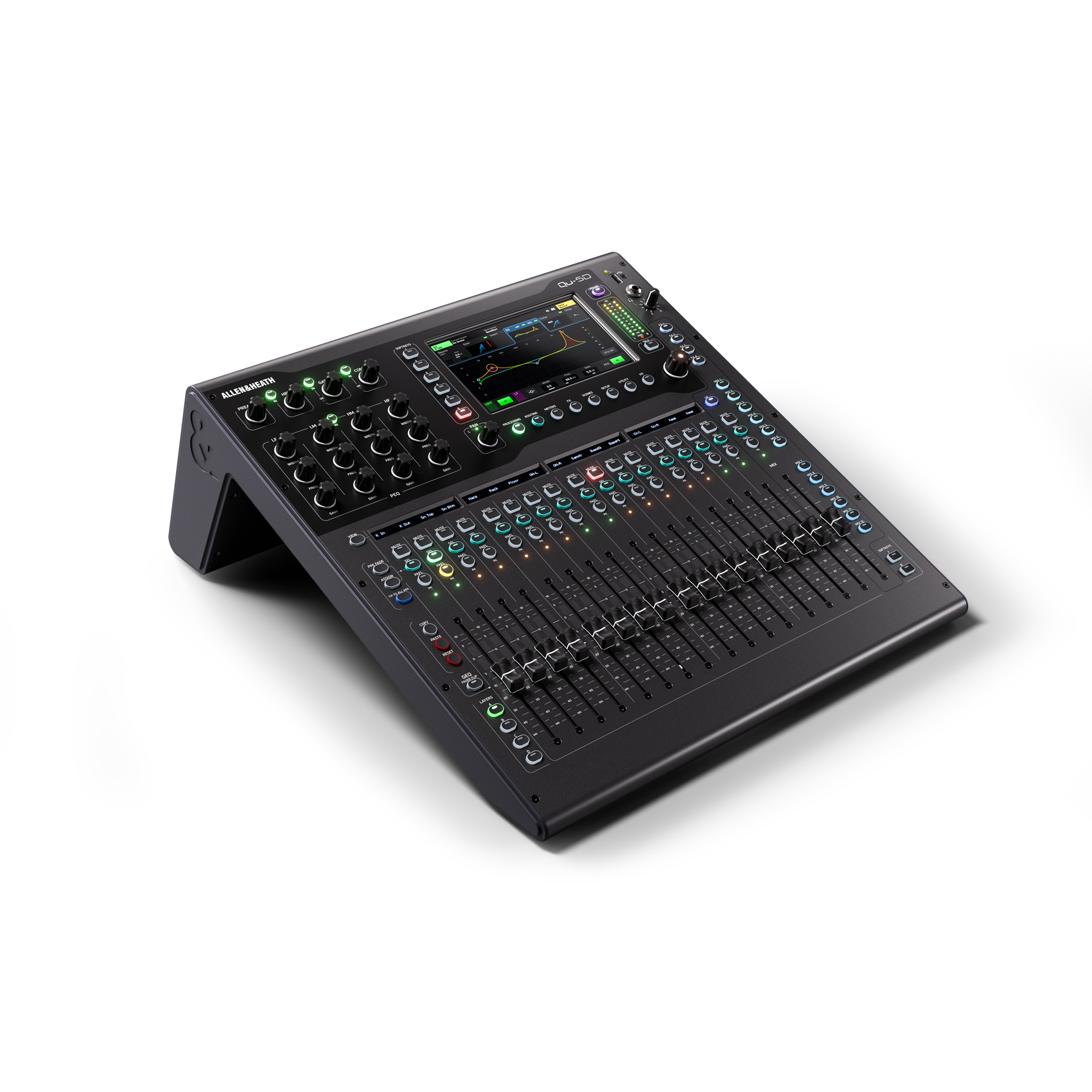 Allen & Heath Qu-5 and Qu-5D professional digital mixing consoles with motorized faders and touchscreen