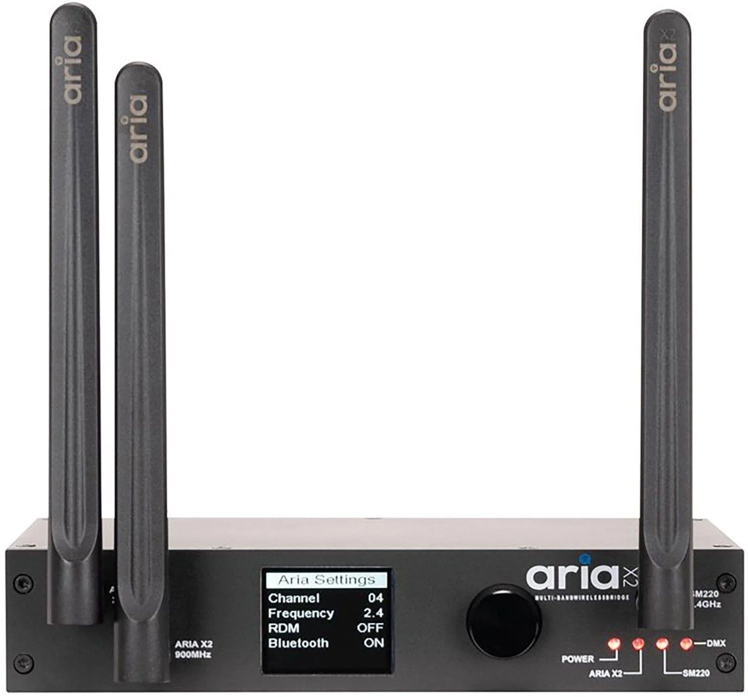ADJ Aria X2 Bridge professional wireless DMX interface with display, controls and antenna connections, available for rental from Haye Productions.