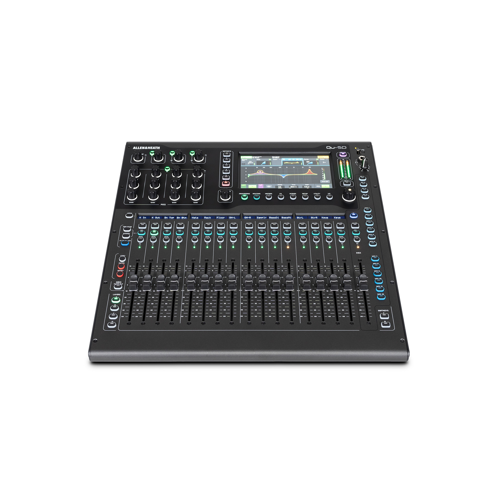 Allen & Heath Qu-5 and Qu-5D professional digital mixing consoles with motorized faders and touchscreen