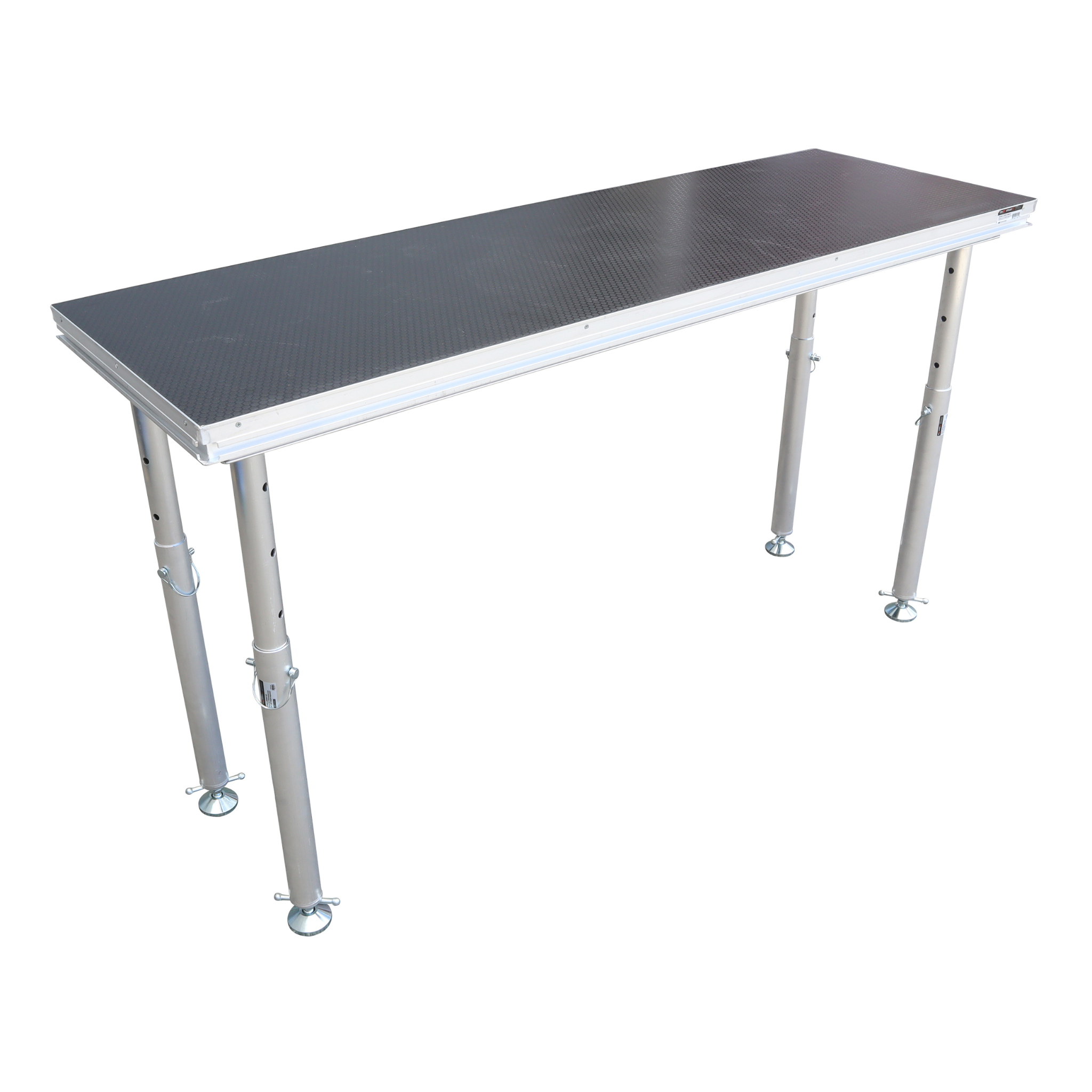 ProX StageQ modular portable stage platform with adjustable support legs and textured black deck surface for event staging rentals
