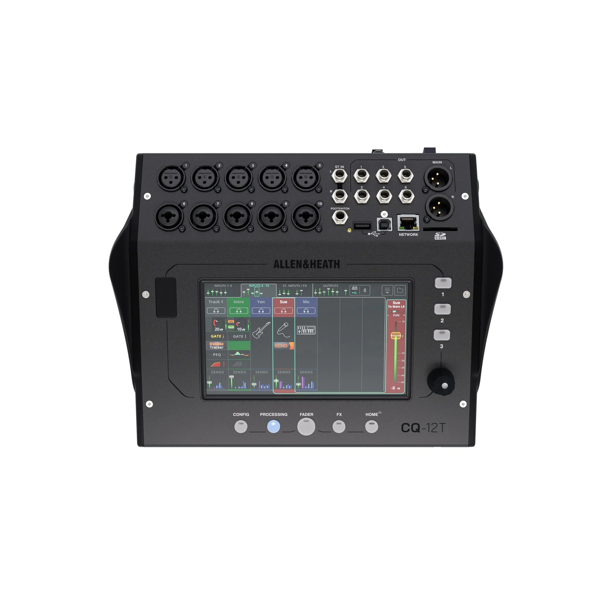 Allen & Heath CQ-12T compact digital audio mixer with 7-inch touchscreen and integrated audio connections.