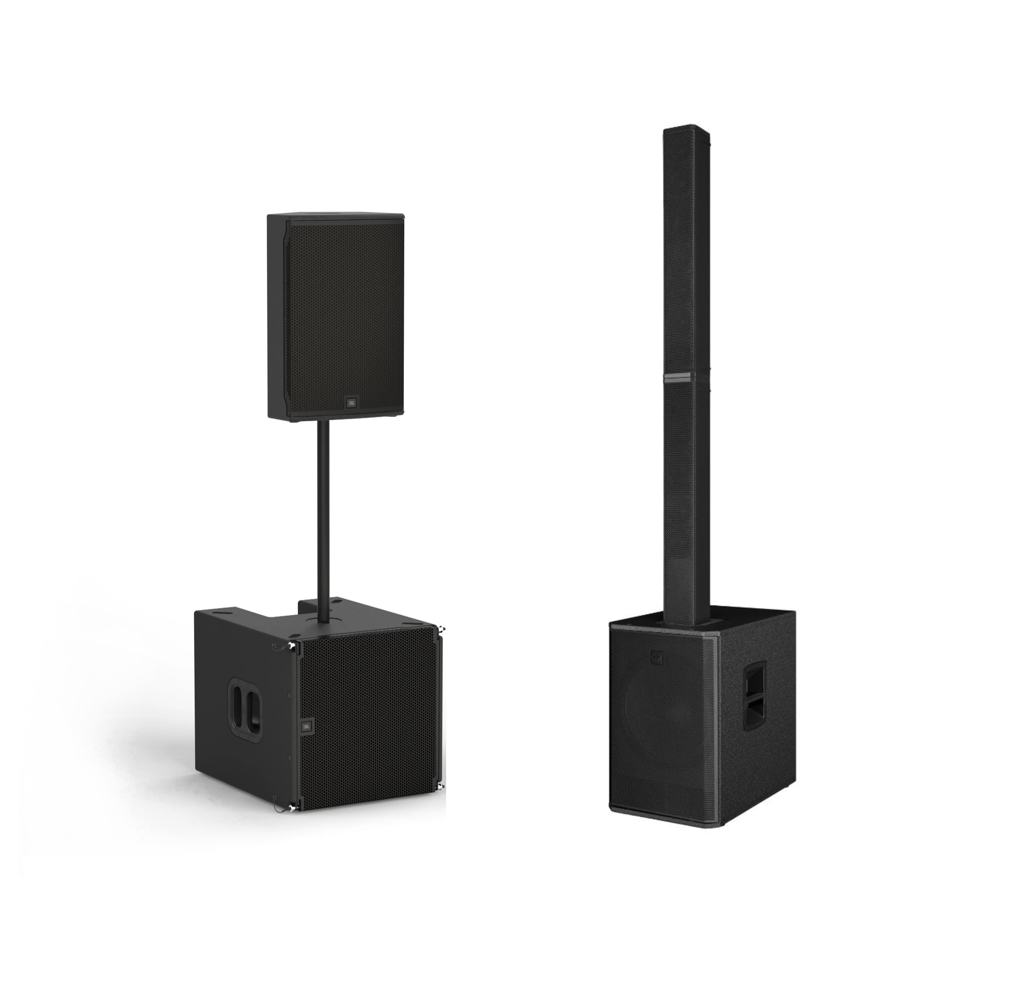 JBL Professional powered speaker and subwoofer system alongside an RCF column PA system on a white background, representing professional speakers, subwoofers, and portable sound systems available from Haye Productions.