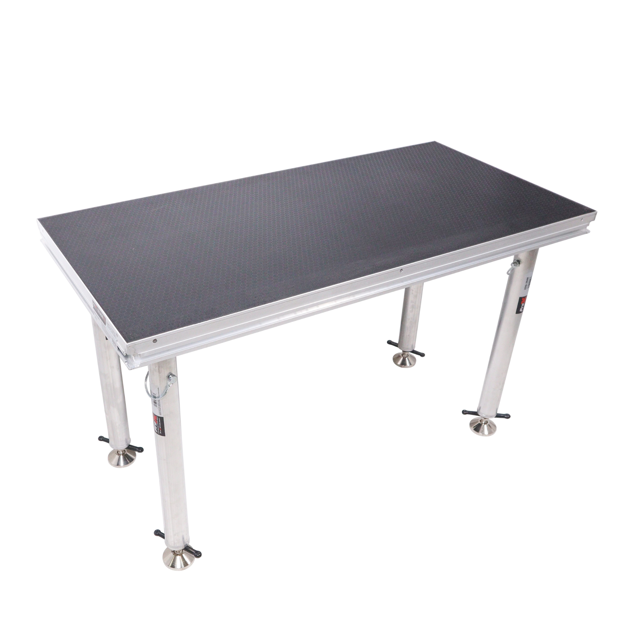 ProX StageQ modular portable stage platform with adjustable support legs and textured black deck surface for event staging rentals
