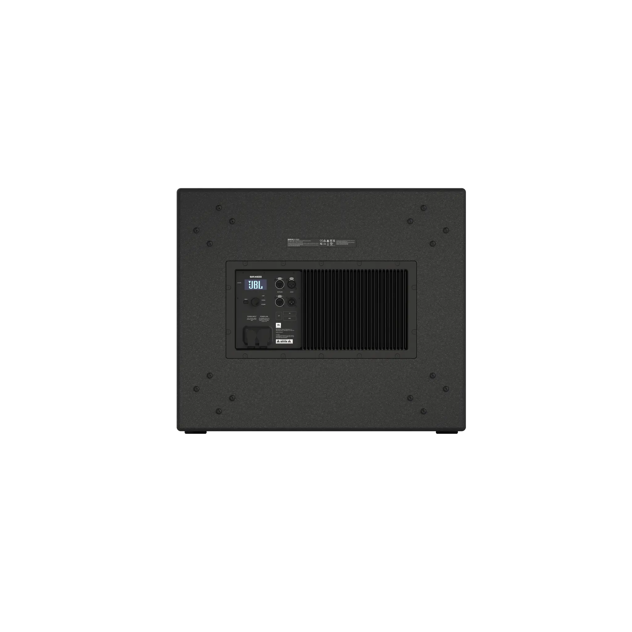 JBL SRX918S single 18-inch powered subwoofer with Differential Drive®, 1,100W Class‑D power, deep low‑frequency output, and full DSP control for pro audio systems. JBL SRX 918S back .png