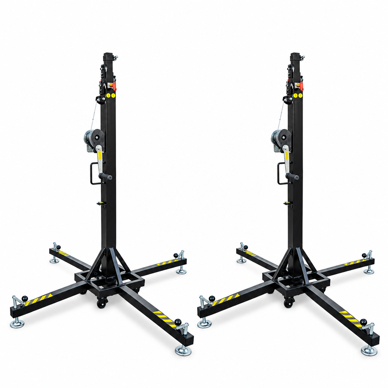 Pair of Fantek XTF-T103D 17FT professional truss lifting towers with XTF-ATCM0B support adapters, available for stage and lighting truss rental from Haye Productions.