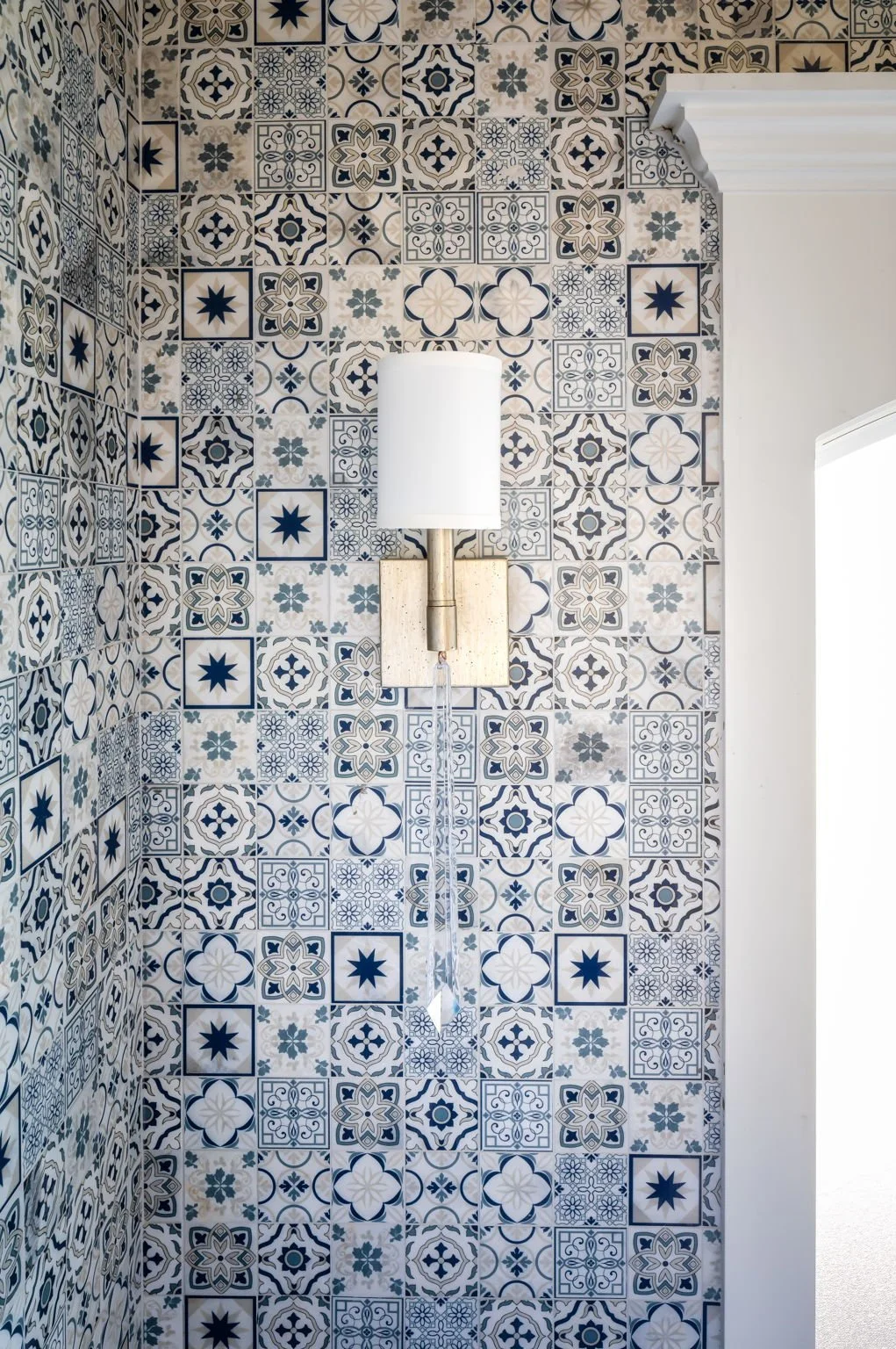 Encaustic Marble Mosaic Tile Design with Crystal Sconces Bathroom Design Singer Interiors