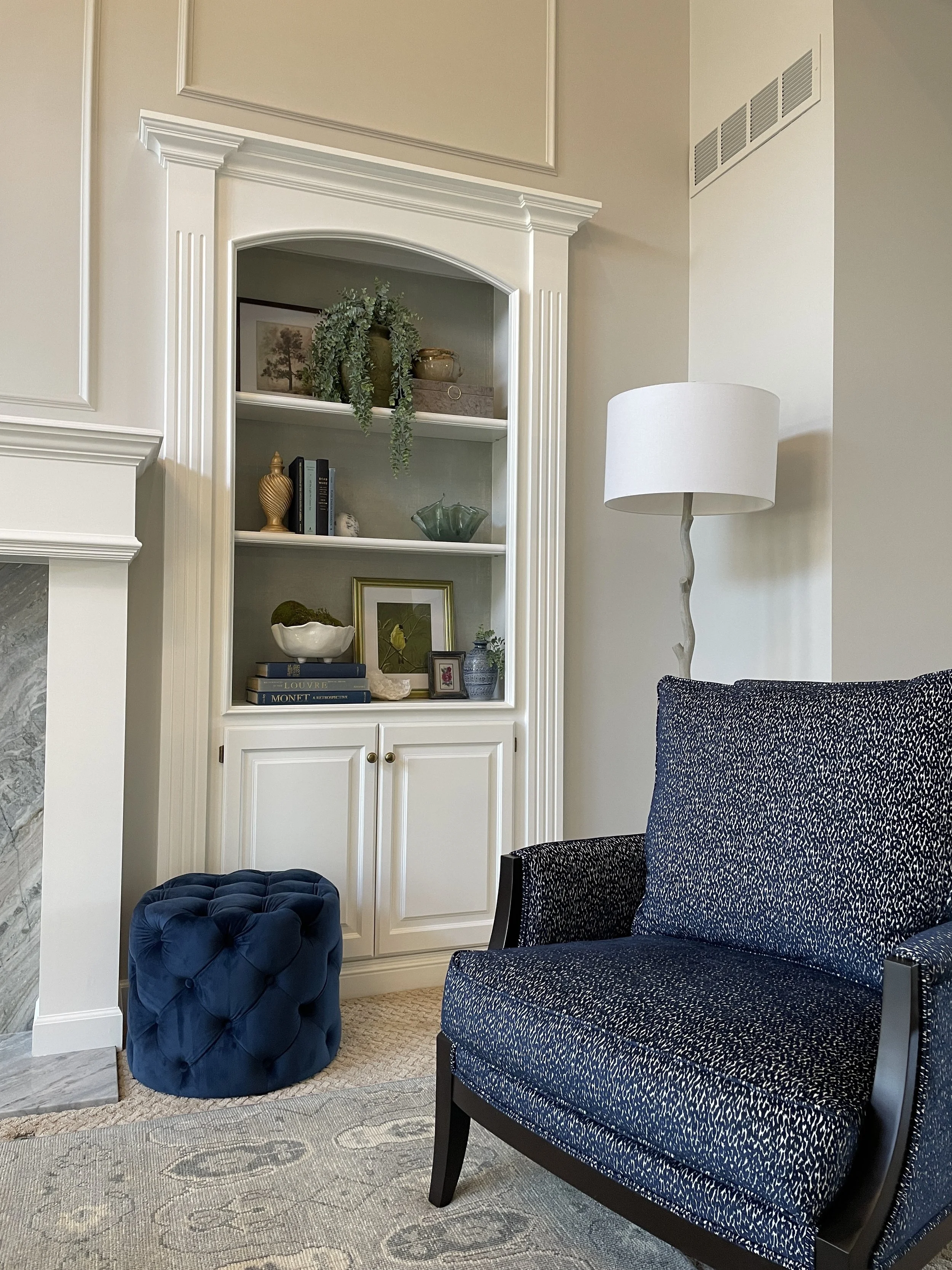 Custom Upholstered Navy Printed Traditional Style Arm Chair in Transitional Style Living Room