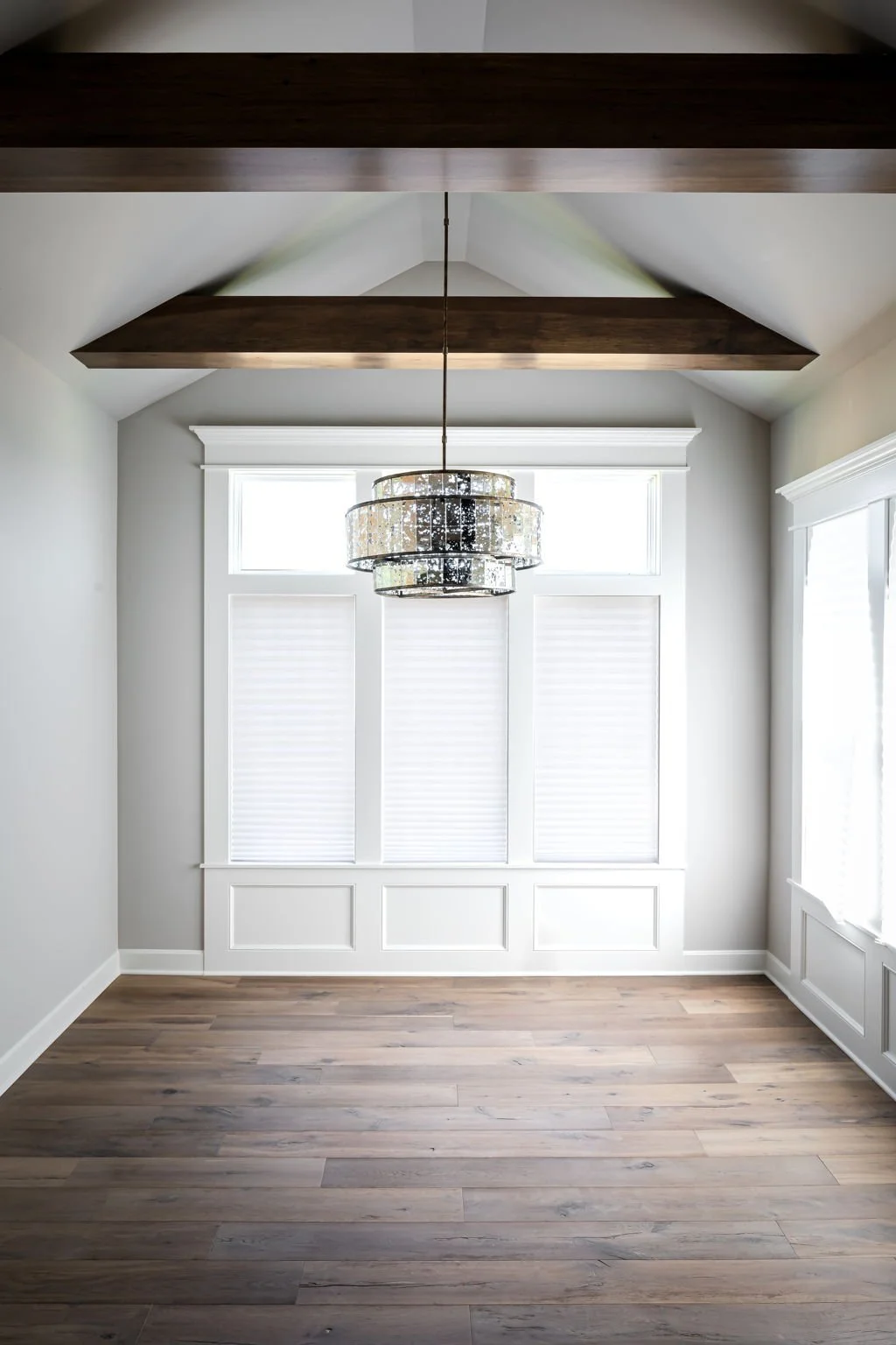 Dining Room Designer Selections in Traditional New Home Build Hickory Beams and Vaulted Ceiling