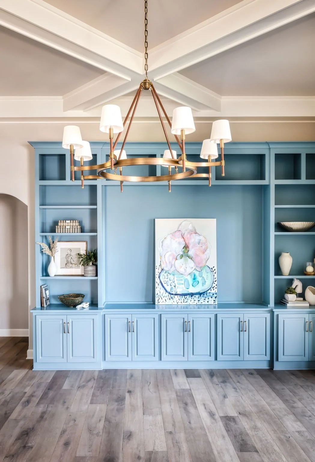 Transitional Living Room New Home Design Breezy by Sherwin Williams Media Center Bookcase Coffered Ceiling Design