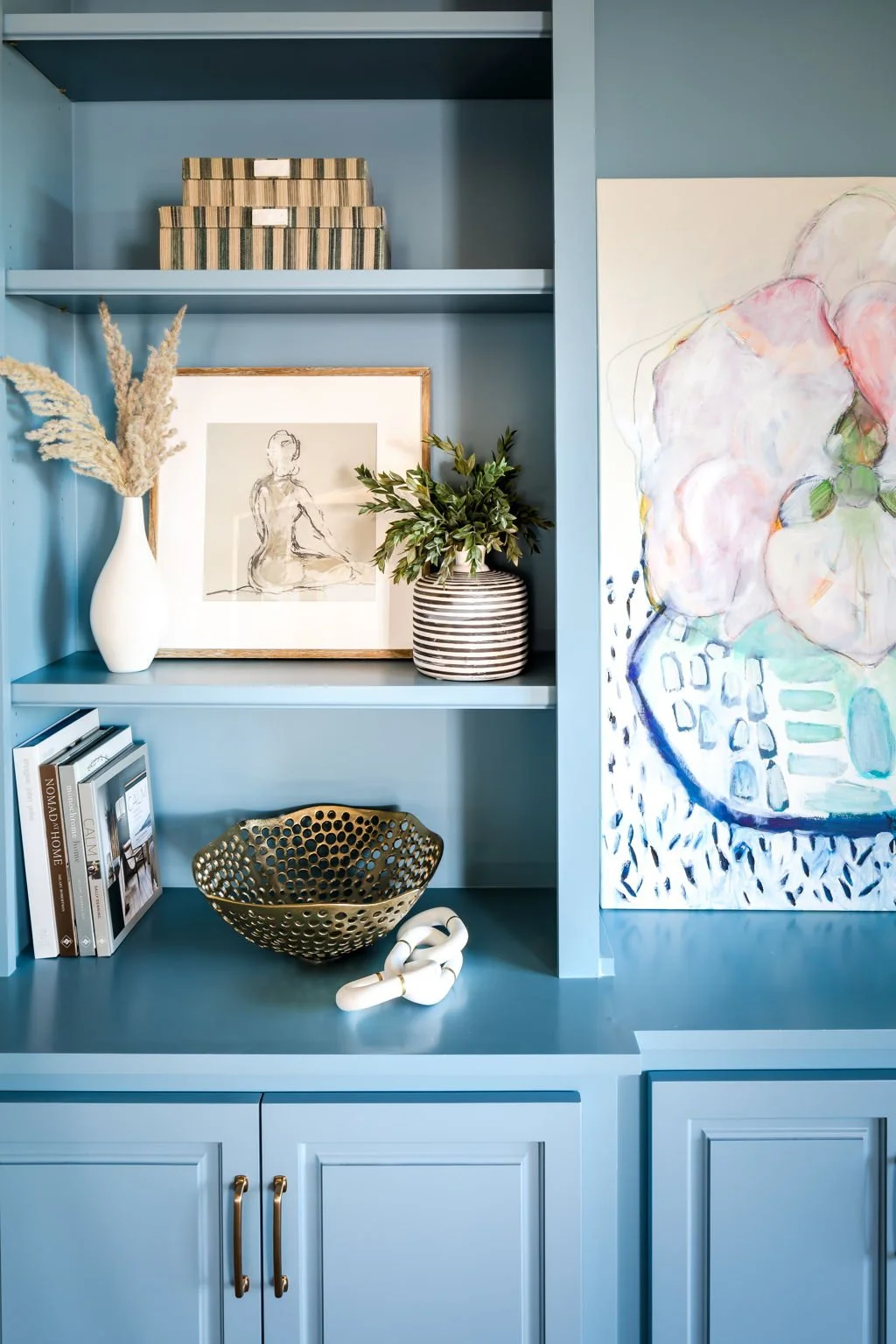 Breezy Blue by Sherwin Williams Media Center Wall Design and Shelf Styling Venice Florida