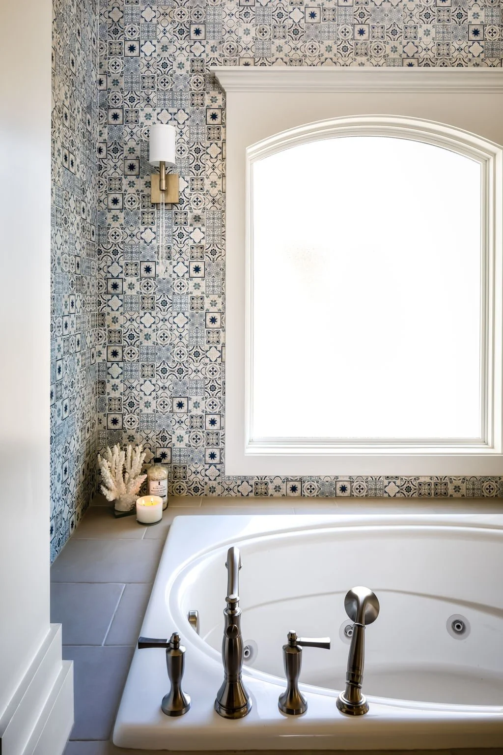 Bathroom New Home Build Interior Design with Blue Mosaic Marble Tile and Arched Window Detail