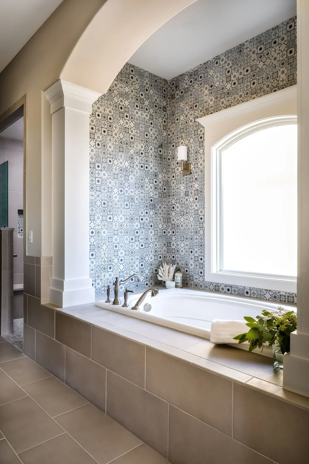 Transitional Dream Bathroom Surround Crystal Sconces Encaustic Marble Mosaic Backsplash