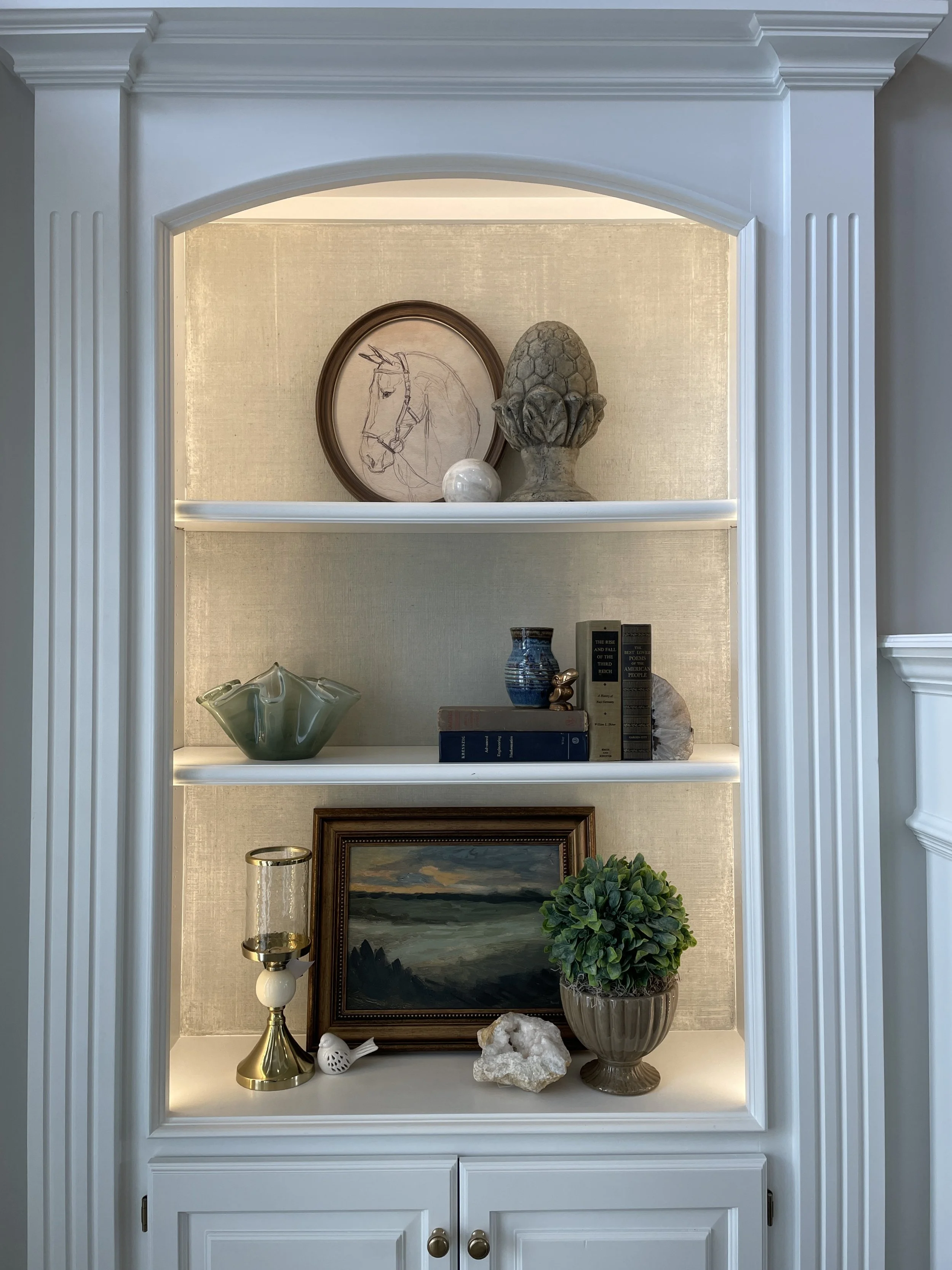 Transitional Shelf Styling Renovation Ideas with Linen Look Faux Finish in Venice FL