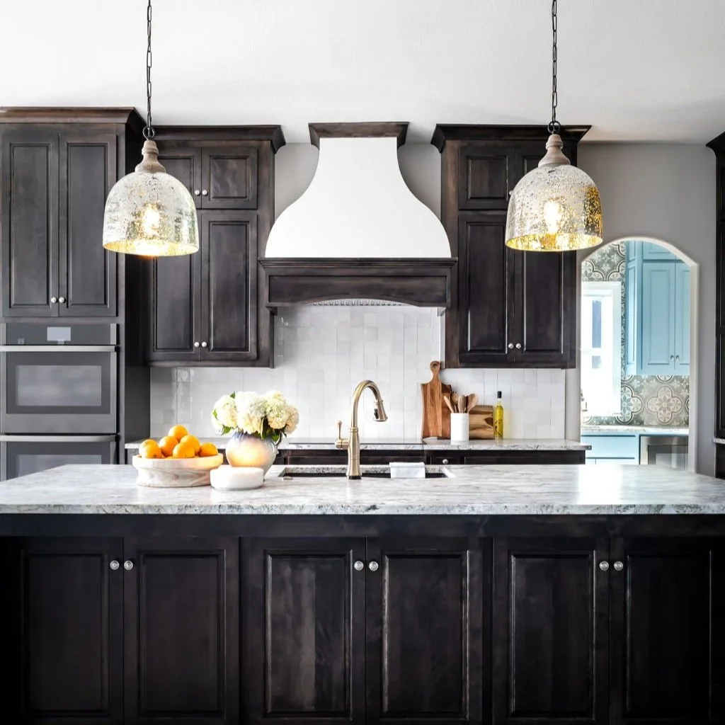 Transitional Kitchen Design with Venetian Plaster Hood & Zellige Tile Backsplash