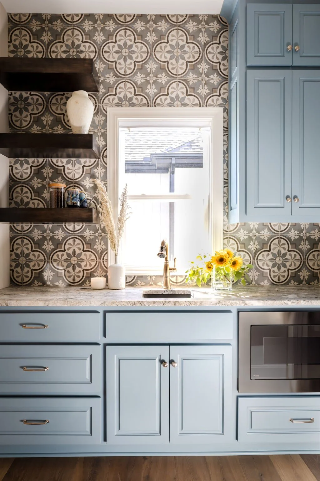 Blue Prep Kitchen Pantry with Coffee Bar Mosaic Tile Backsplash by Singer Interiors