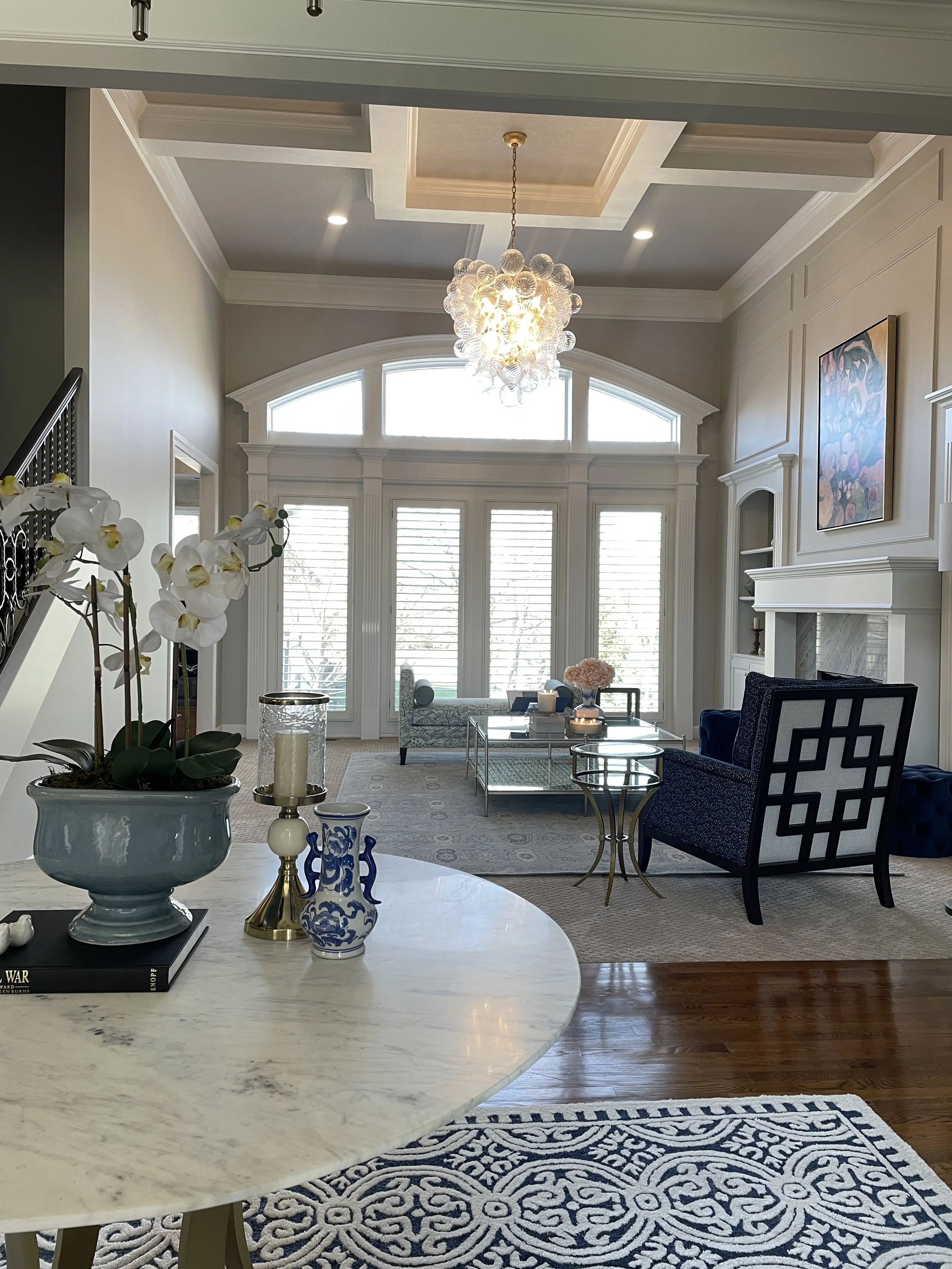 Transitional Style Interior Design Living Room in Sarasota Florida with Custom Coffered Ceiling Design
