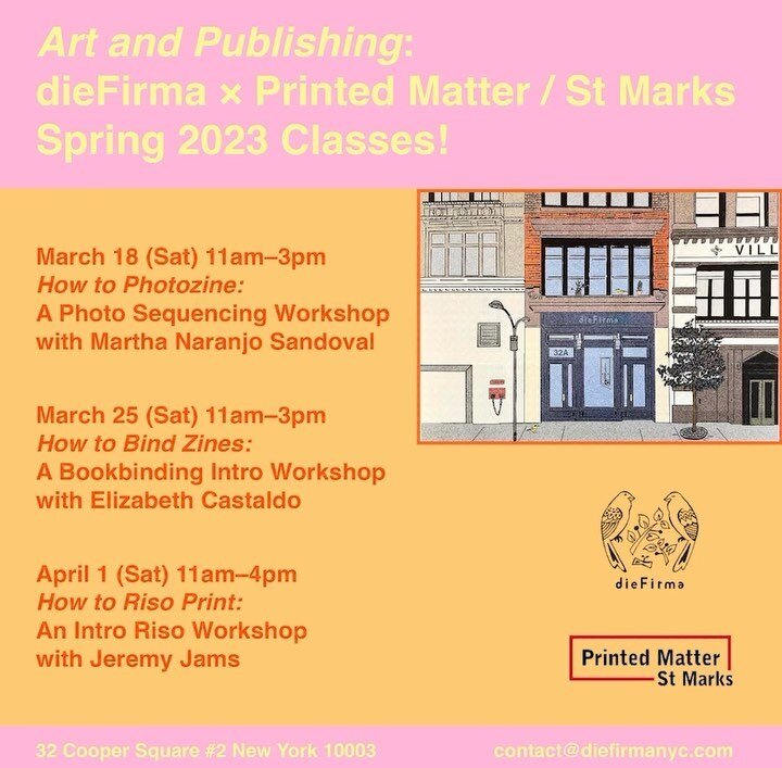 [SOLD OUT] Launching our Spring 2023 classes Art and Publishing, a three-part workshop program co-presented with our friend @printedmatter_stmarks 🤩🤩

Designed to be taken either as stand-alone classes or as a series, each workshop offers a differe