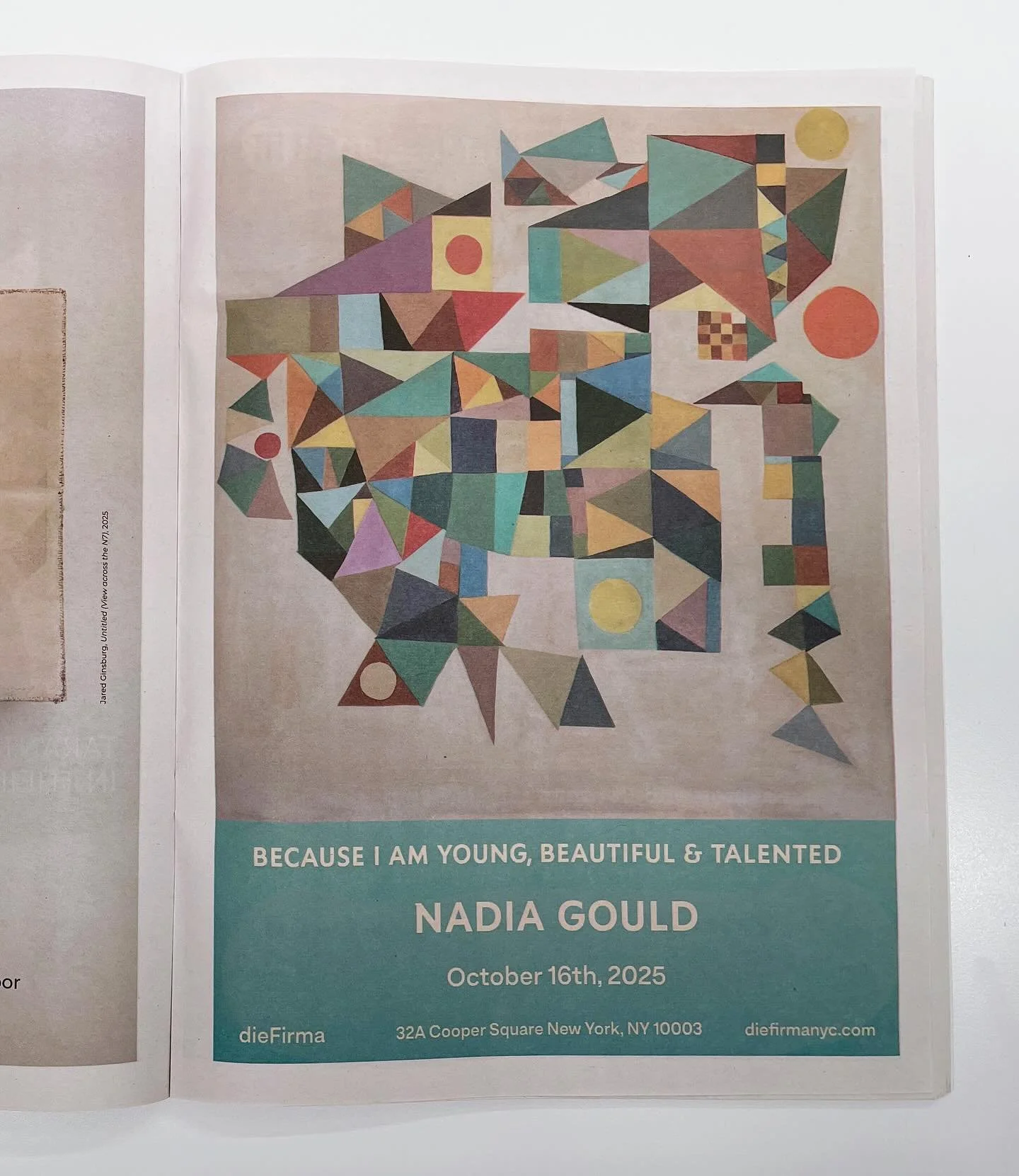 Get your copy of Brooklyn Rail October 2025 issue! Nadia Gould&rsquo;s exhibition, Because I am Young, Beautiful &amp; Talented, opens October 16th. Hope to see you at the opening reception from 6pm-8pm.  #brooklynrail #nadiagould #womanartist #geome