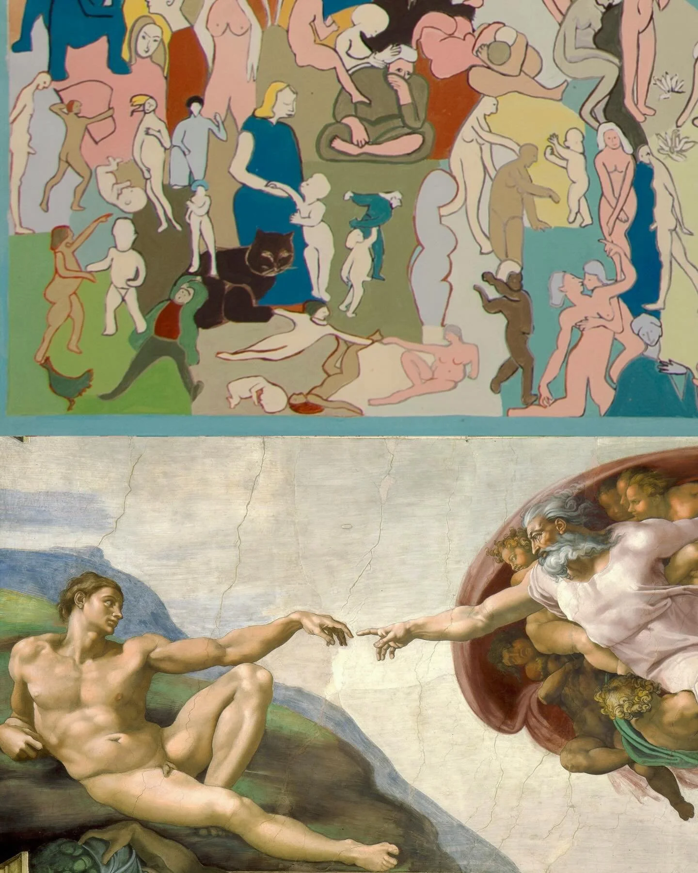 Nadia Gould traveled extensively. Look closely and you will see the influences and inspiration she found around the world.

1- Nadia Gould, [A Brief History], ca. 1987, Acrylic on canvas, 47 x 88 inches
2- Michelangelo, Creation of Adam, 1508-12, Fre