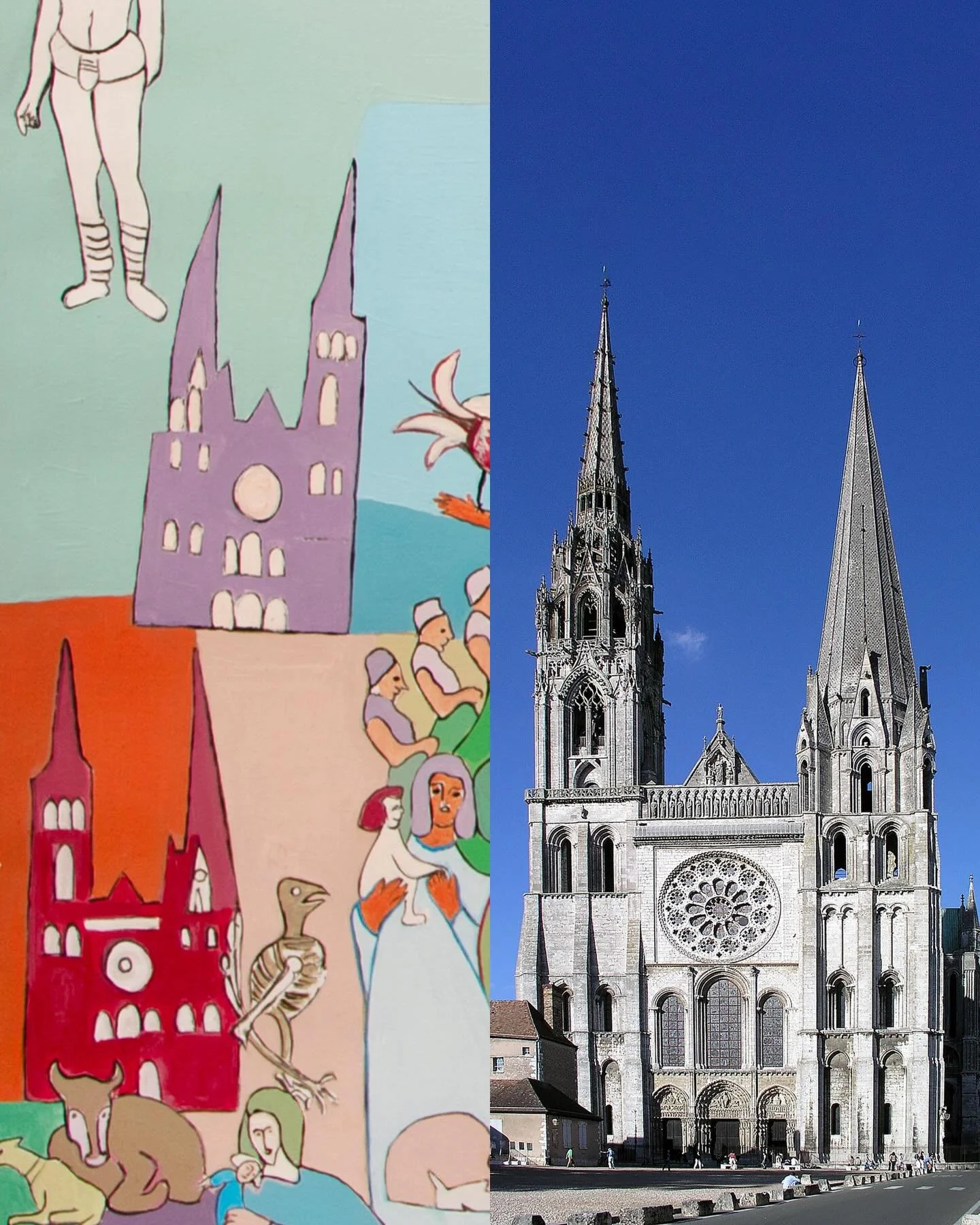 Nadia Gould traveled extensively. Look closely and you will see the influences and inspiration she found around the world.

1- Nadia Gould, [River Crossing], 1987, Acrylic on canvas, 47 x 52 inches
2- Notre Dame Cathedral, Chartres, France, 1194

#na
