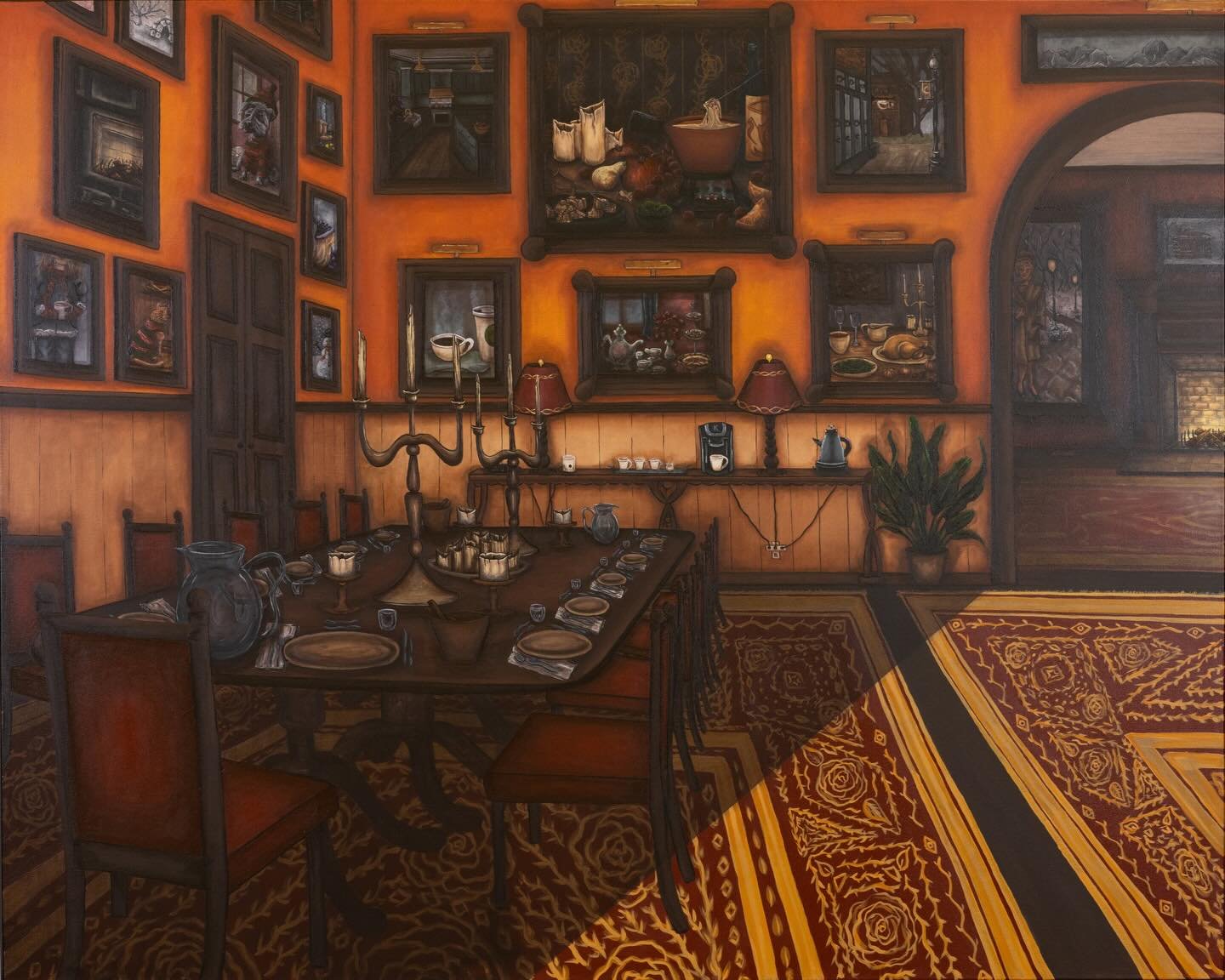 Reminiscent of immersive video games and painted film backdrops, this series of paintings presents sites of imagination and world-building: spaces that bridge the gap between reality and fantasy.

Kati Henning, Roomscapes 2, Fire and Red Velvet, 2023