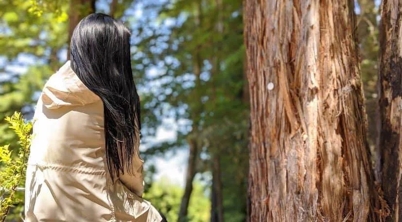 Image shows a person with long black hair sitting next to a memorial tree with a medallion on it