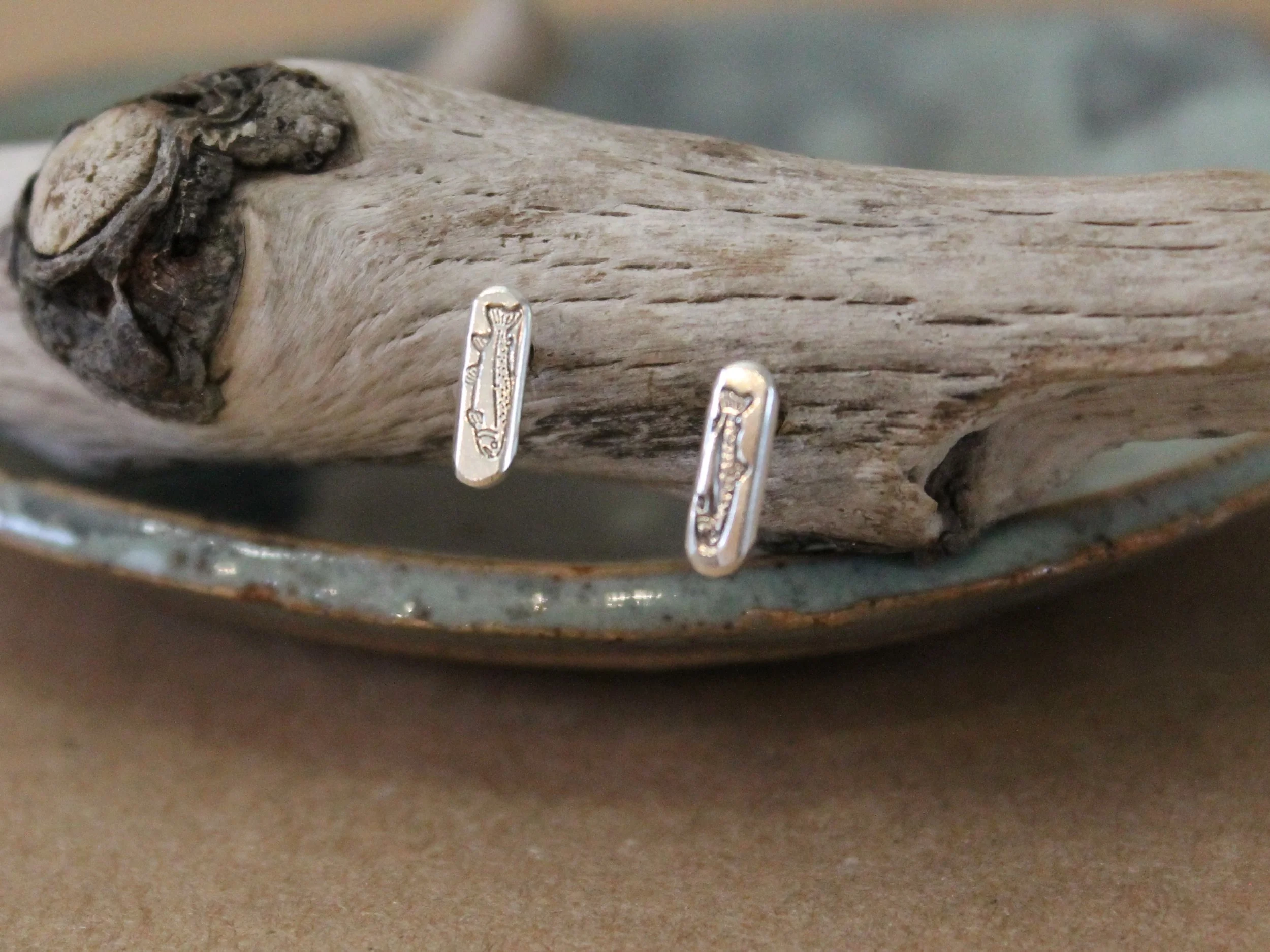 Hand-Stamped Sterling Silver Fish Stud Earrings
