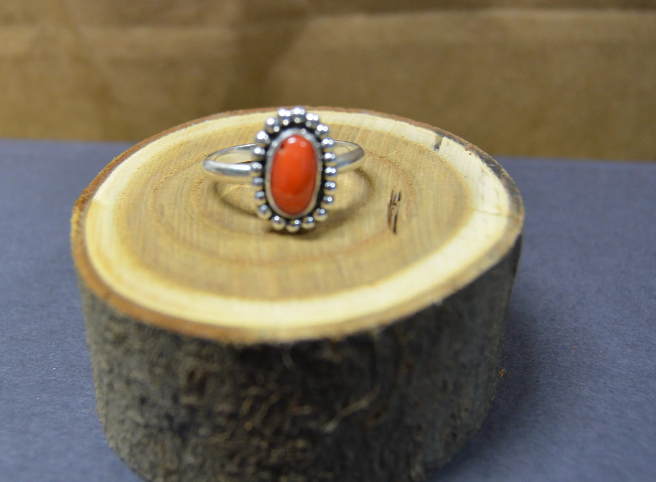 Oval Red Coral Sterling Silver Ring – Handcrafted Minimalist Band-Size 11.5