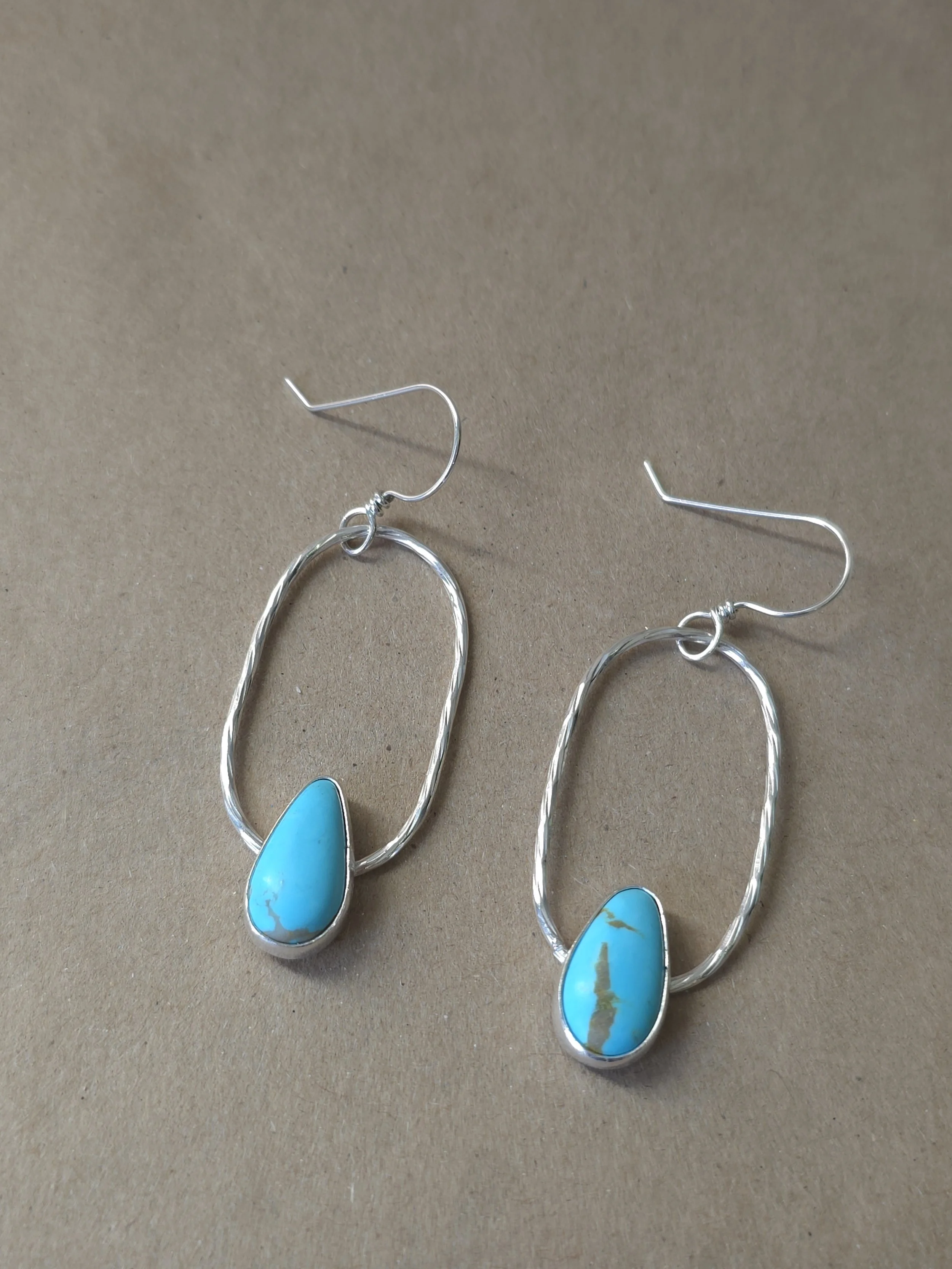 Oval Hoop Turquoise Earrings | Long Sterling Silver Raindrop Dangle Earrings