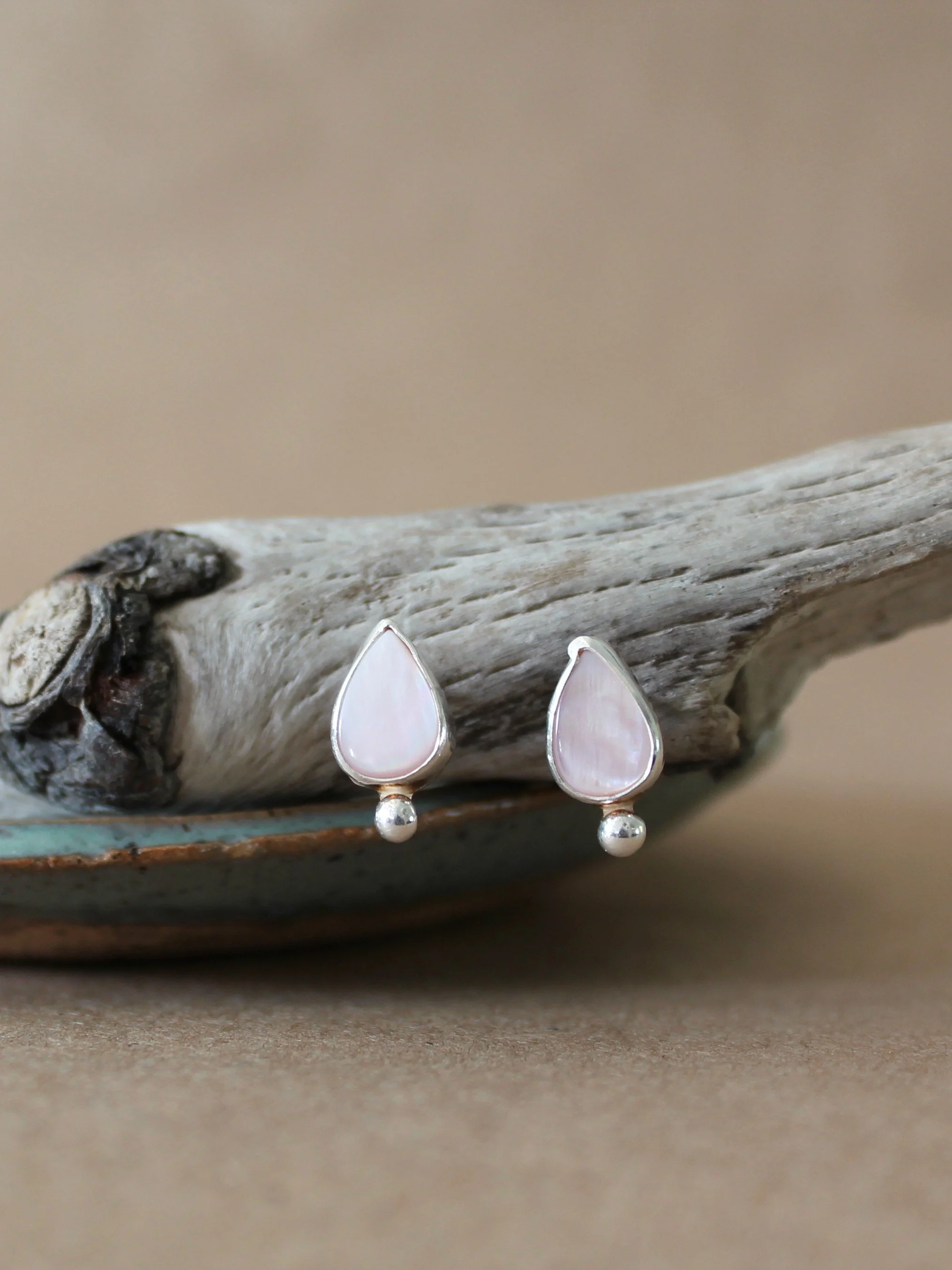 Pink Shell Stud Earrings | Dainty Sterling Silver Teardrop Post Earrings with Pebble