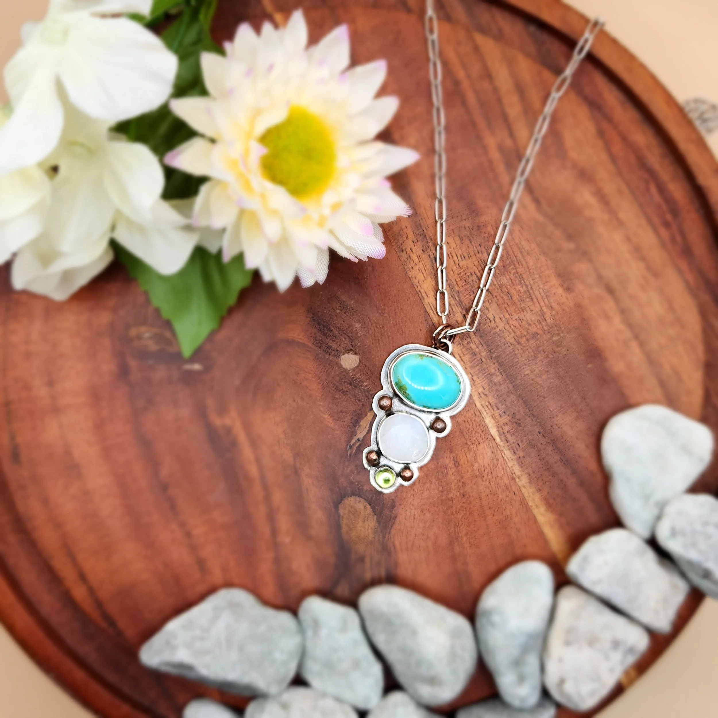 Custom sterling silver necklace by Fire and Fringe featuring a customer-selected turquoise and moonstones . Highlights personalized, handmade artisan jewelry and heirloom-quality craftsmanship