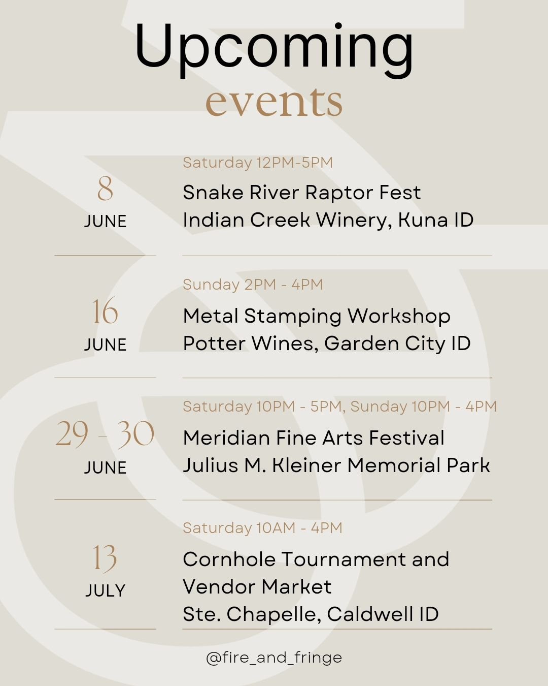 We have so many awesome events in the next few weeks! 

June 8th - Snake River Raptor Fest 12pm to 5pm at @indiancreekwinery. Tickets are FREE. This has been one of my favorite events in the last few years 

June 16th - Metal Stamping Workshop 2pm to