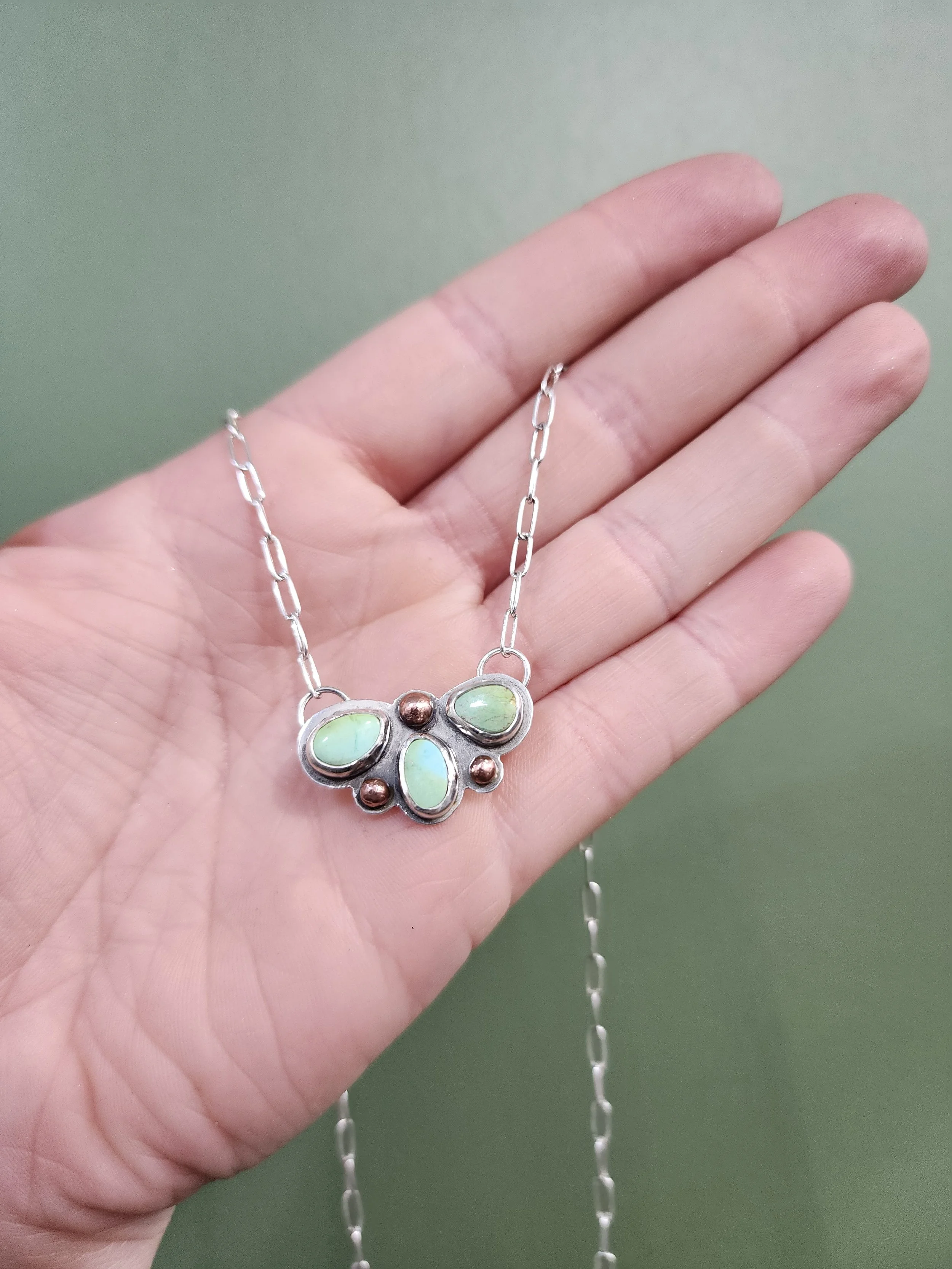 Customer-picked turquoise wedding necklace handmade sterling silver by Fire and Fringe. Highlights custom order options and artisan jewelry craftsmanship