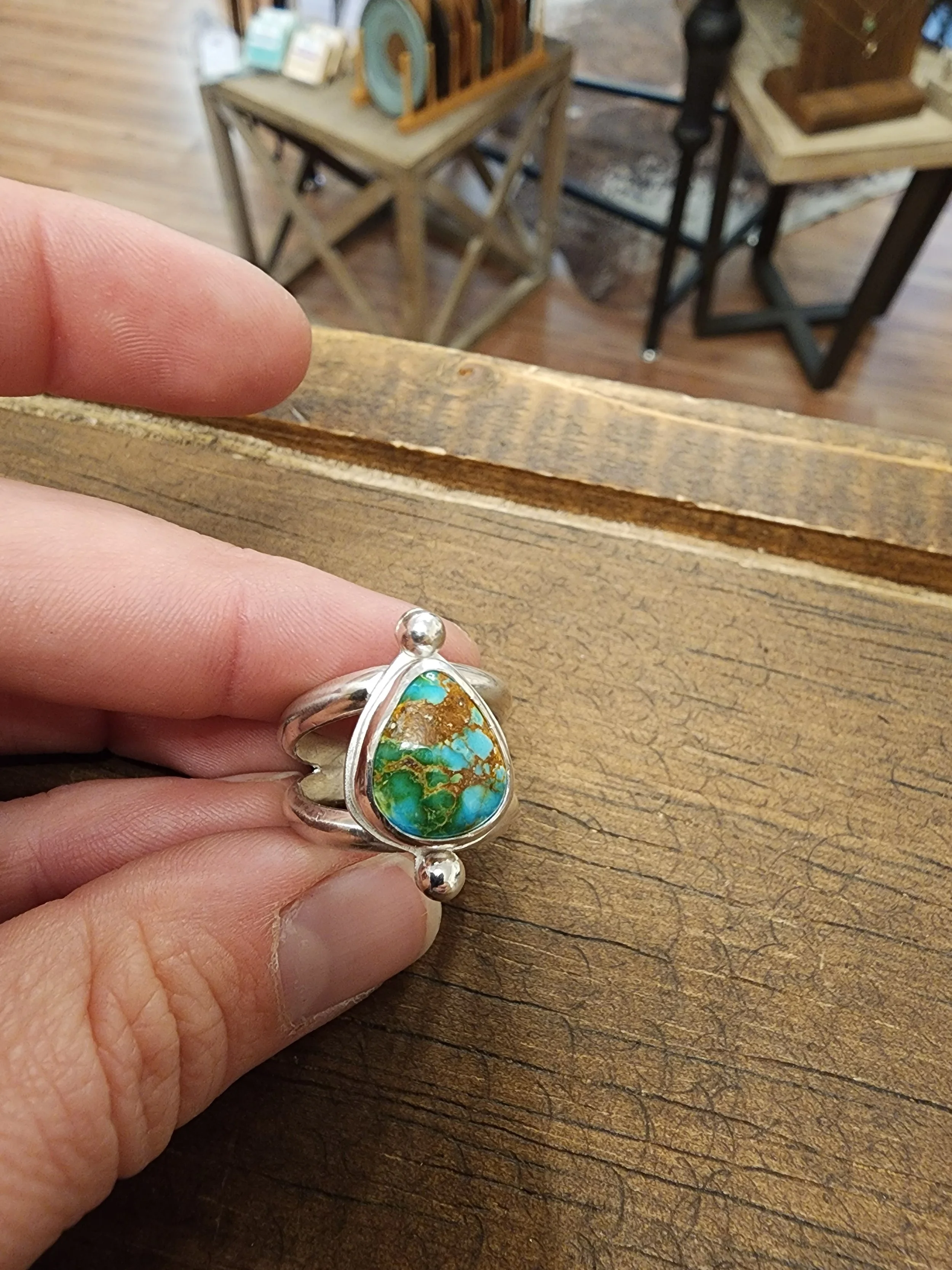 Customer-picked turquoise ring in handmade sterling silver by Fire and Fringe. Highlights custom jewelry orders and artisan silverwork in Caldwell, Idaho
