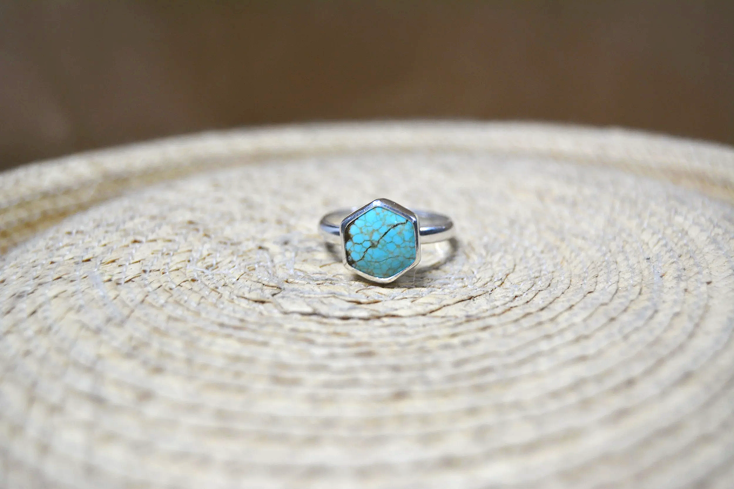 Hexagon turquoise ring with stamped details