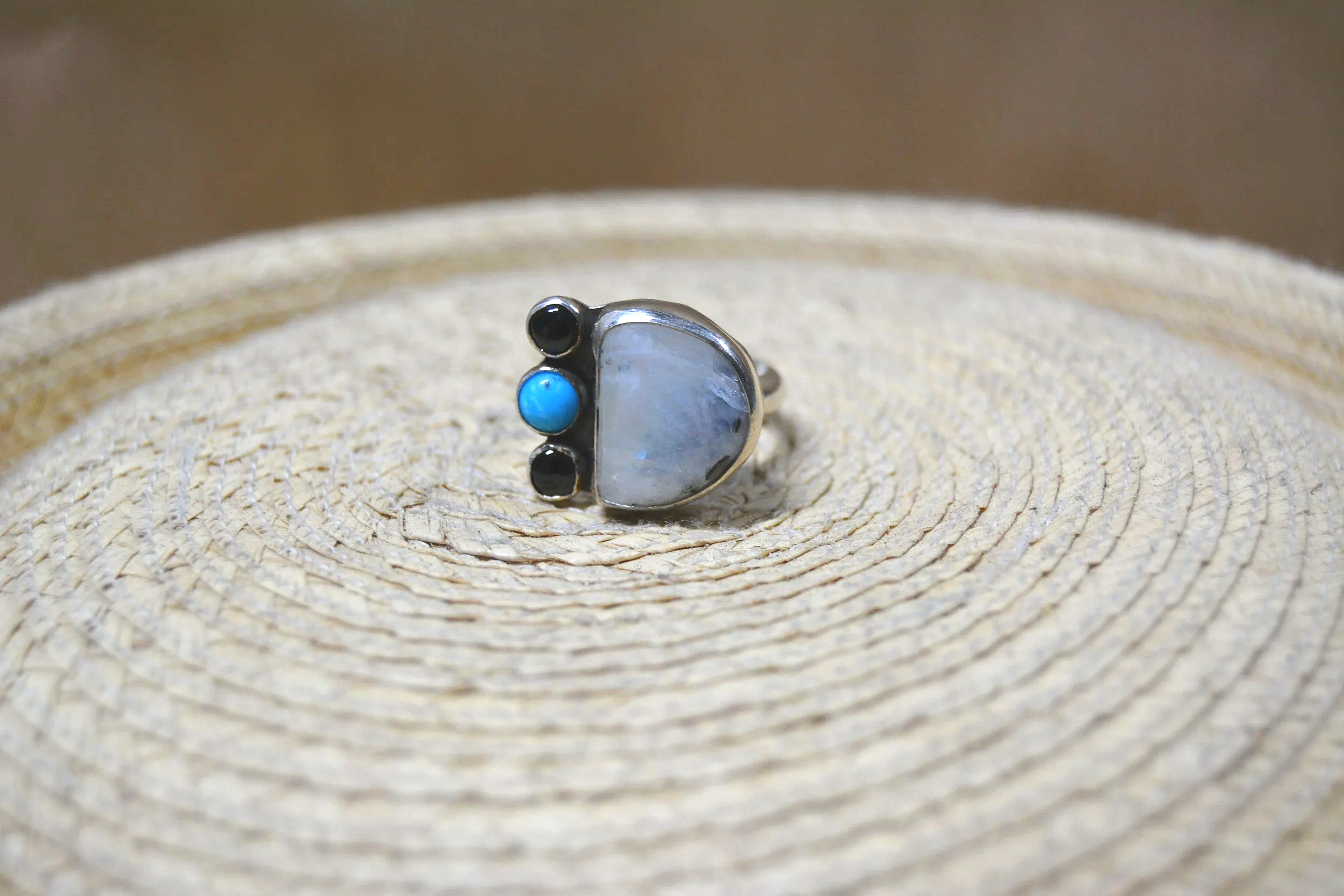 Moonstone, Onyx, and Turquoise Ring. Unique sterling silver statement ring. 