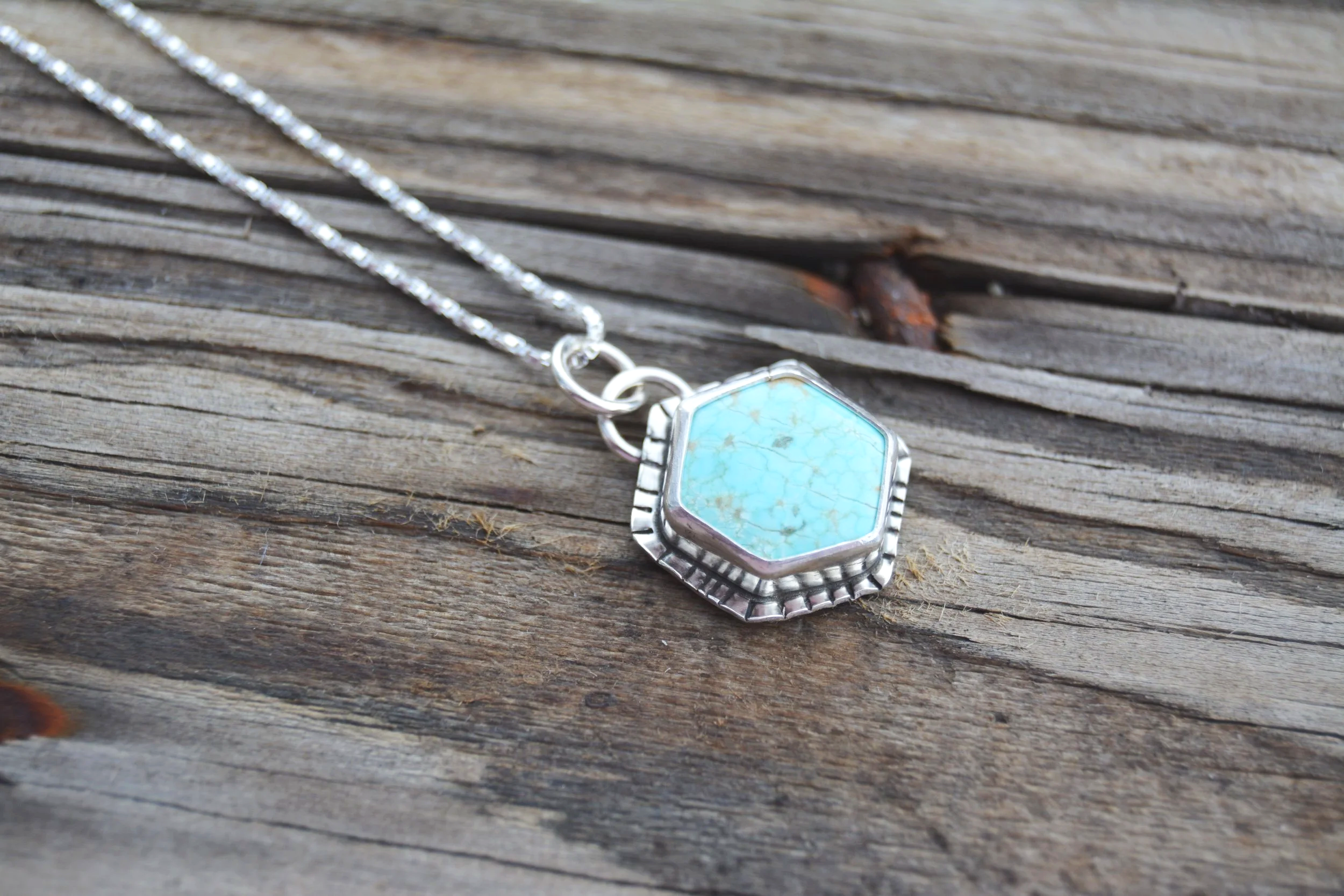 Hexagon turquoise necklace with hand stamped boarder. Great everyday necklace!