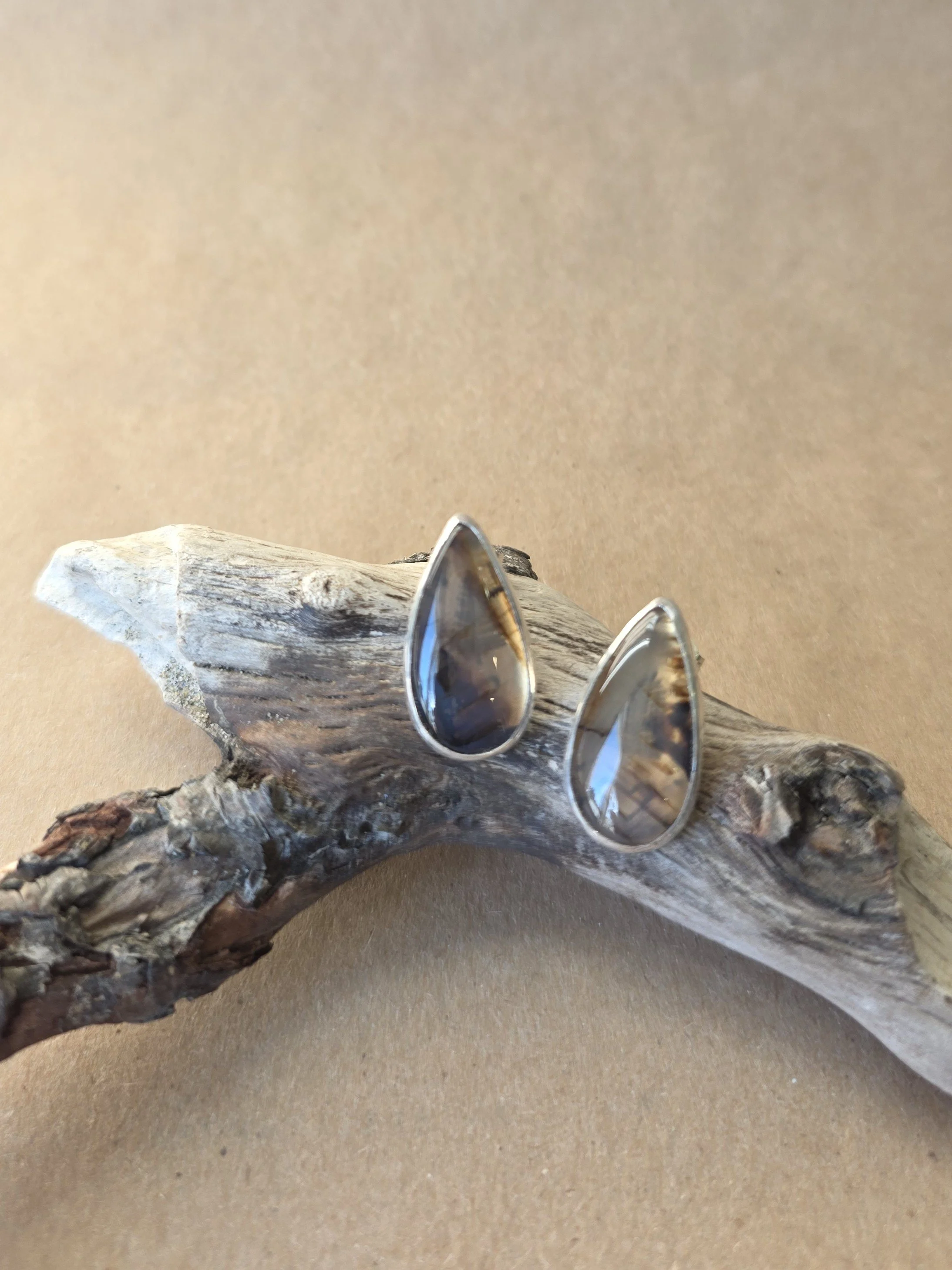 Montana Agate Stud Earrings | Sterling Silver Teardrop Post Earrings