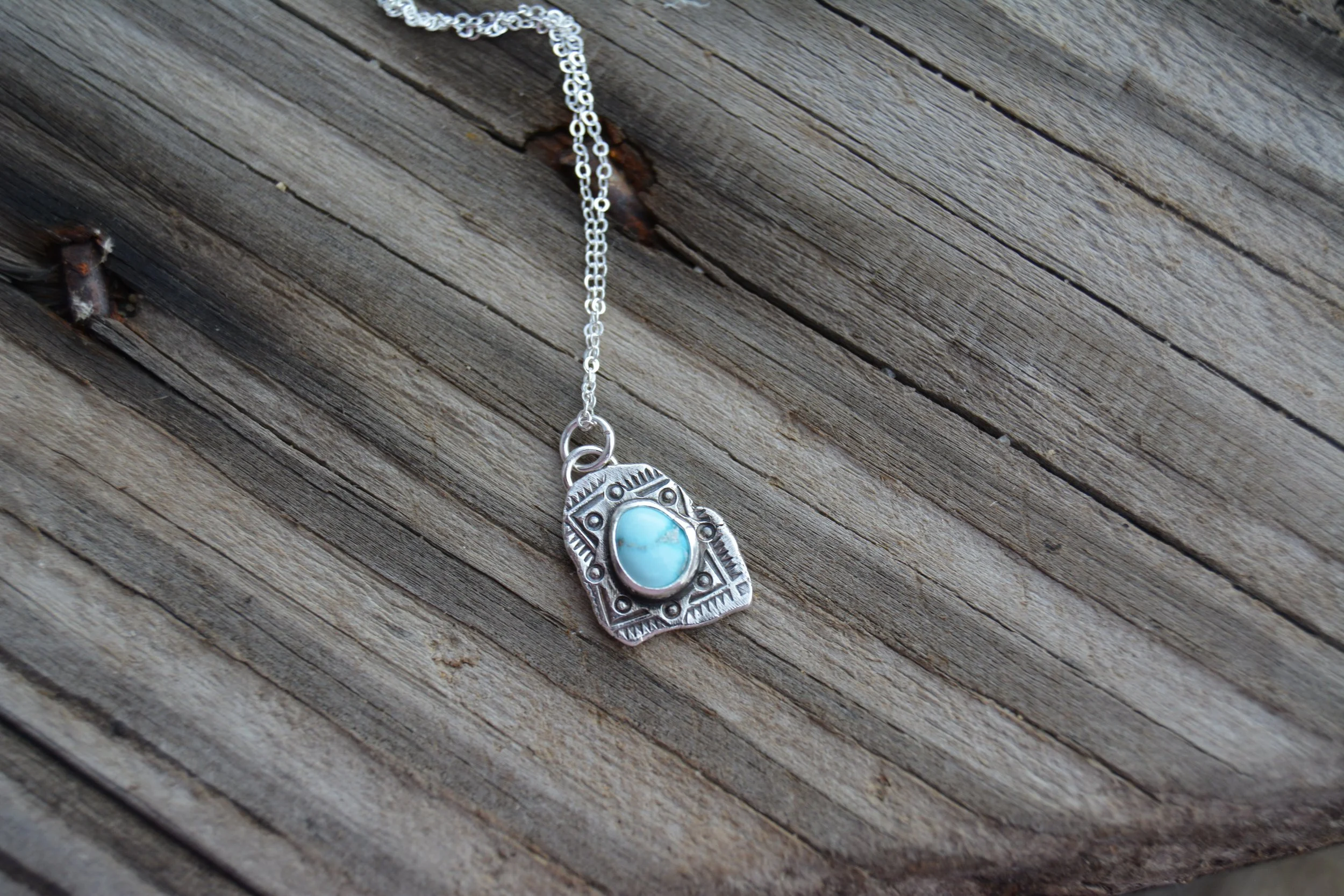 Boho Stamped turquoise pendant- 18 inch chain